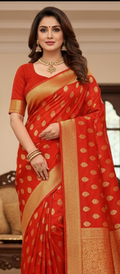 Premium Chinon Red Color Zari Buti Saree