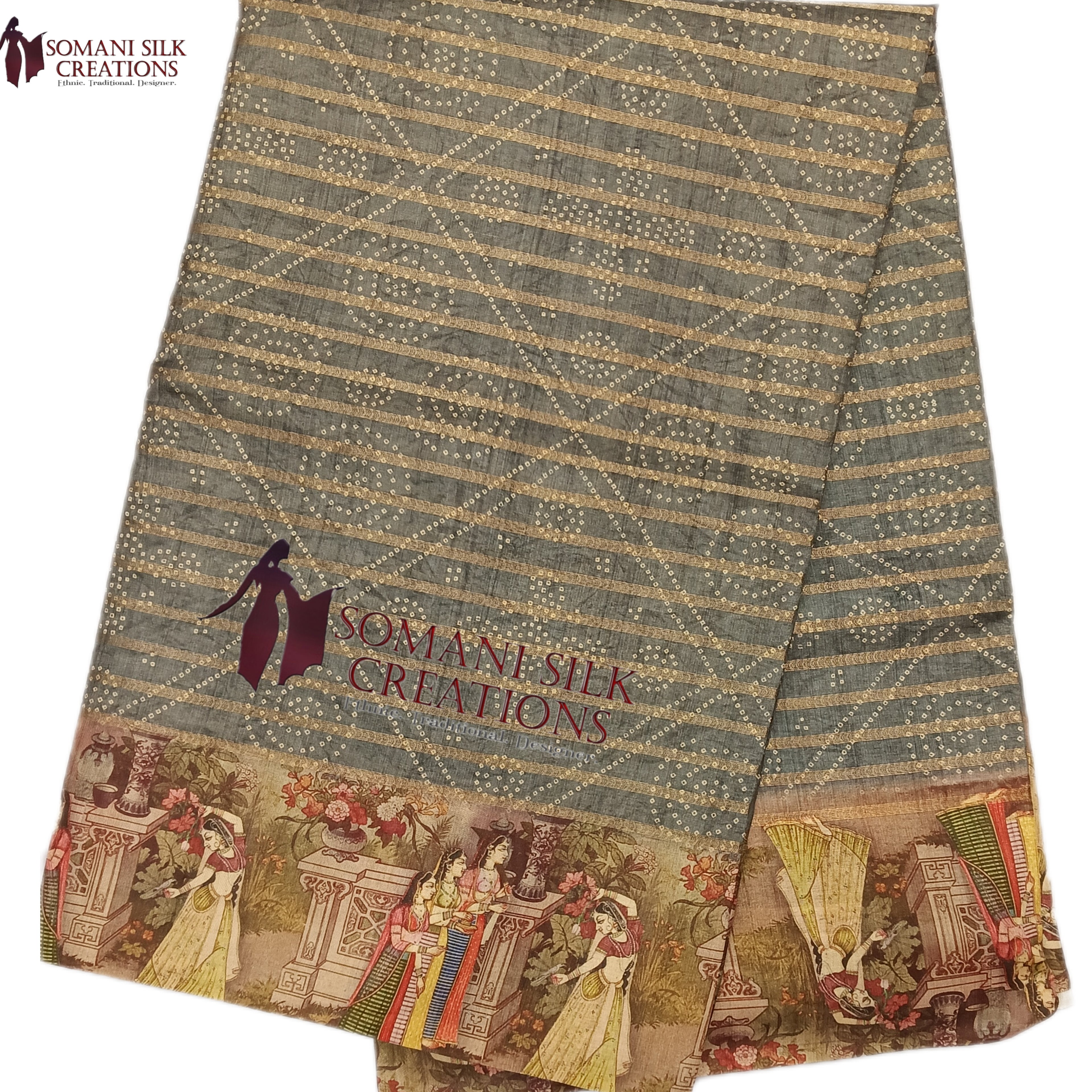Traditional Indian Kalamkari border bhandej saree in grey color