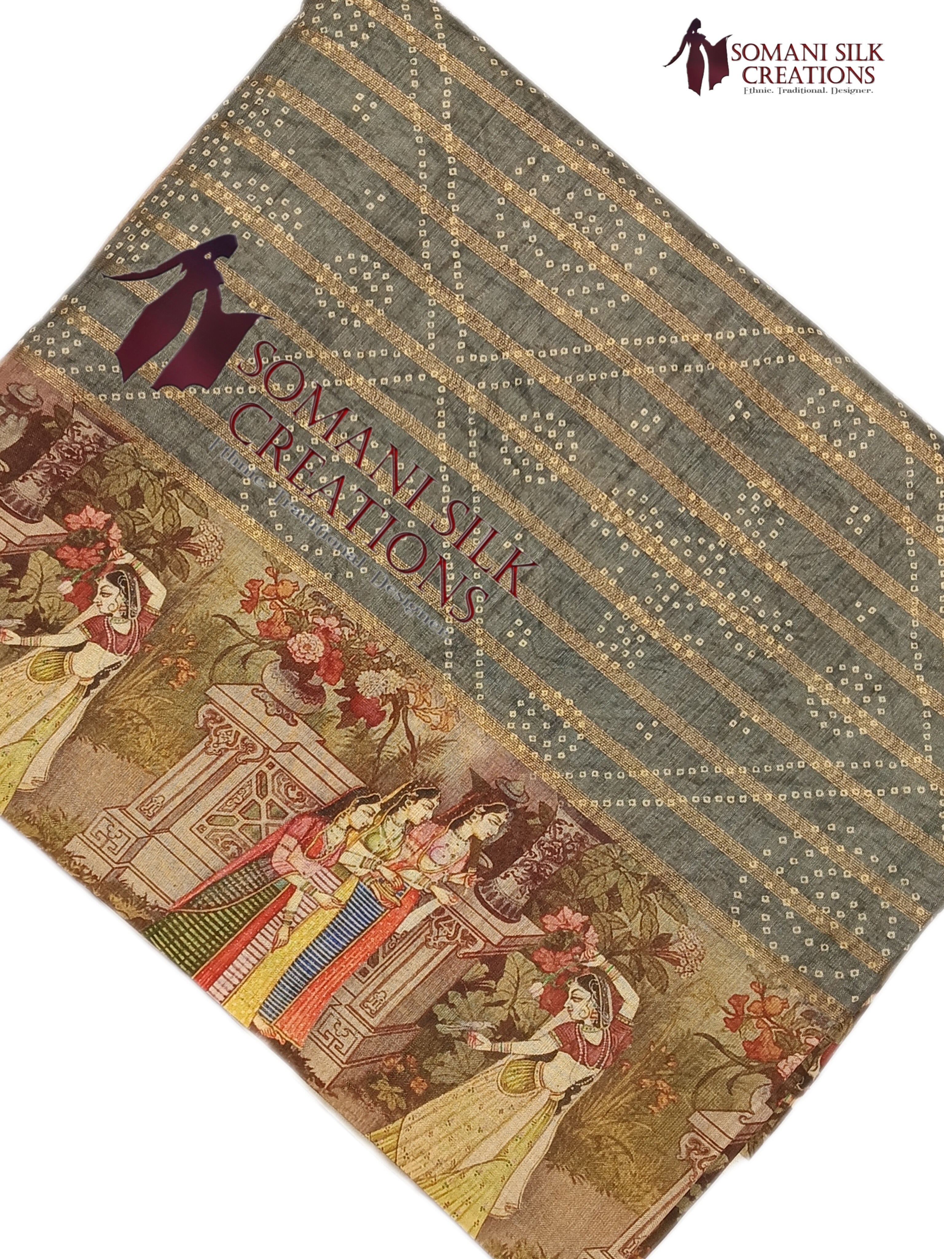 Traditional Indian Kalamkari border bhandej saree in grey color