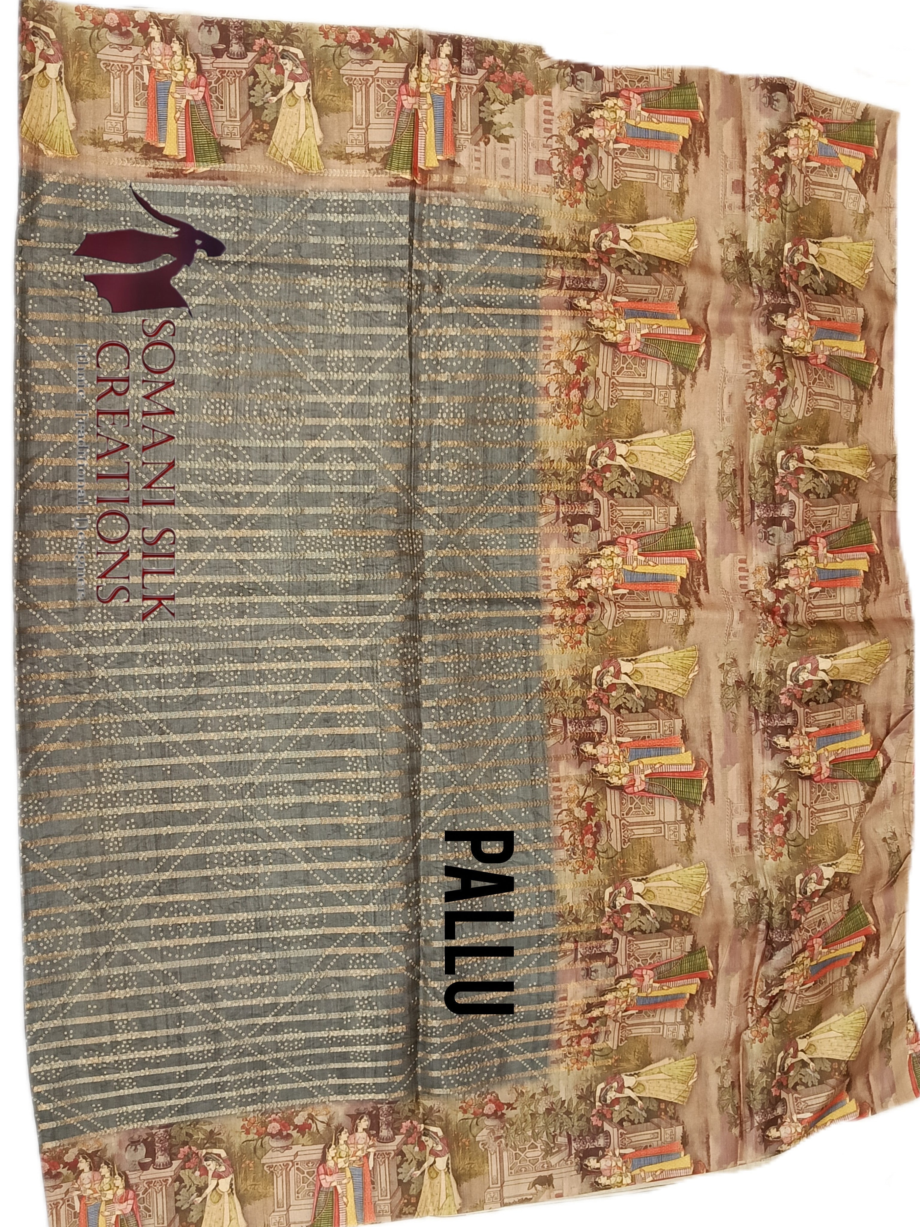 Traditional Indian Kalamkari border bhandej saree in grey color 
