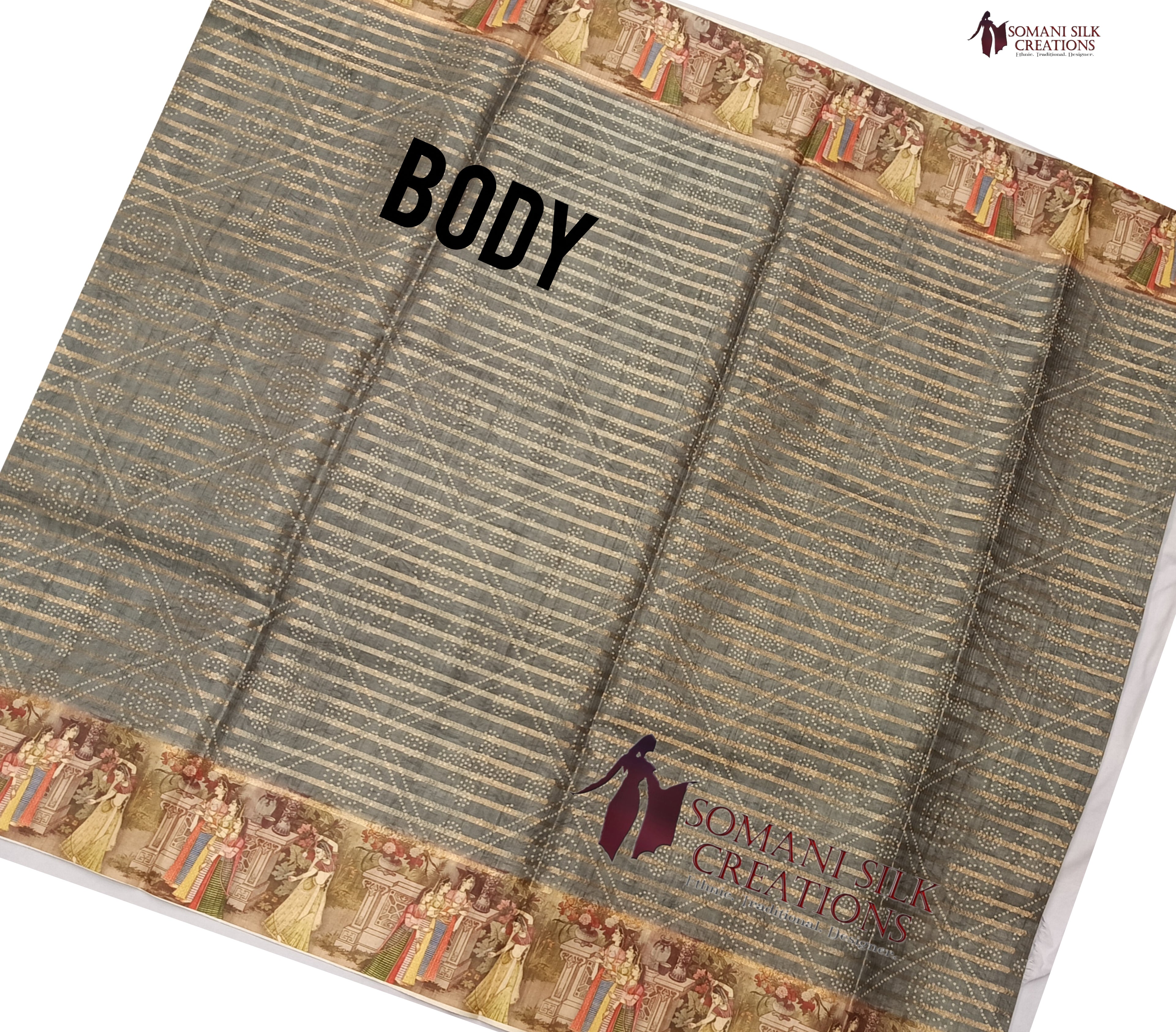 Traditional Indian Kalamkari border bhandej saree in grey color 