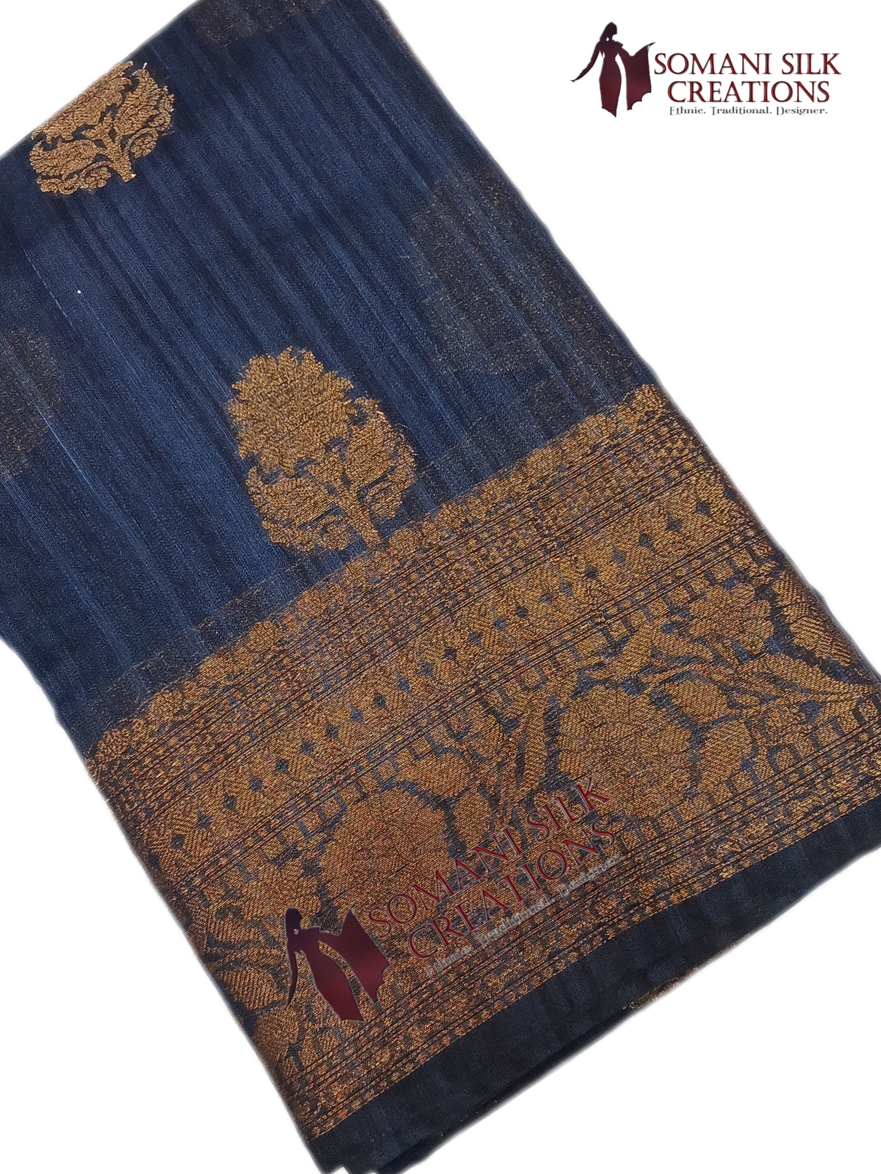 Traditional banarsi cotton linen saree with antique zari buti and border