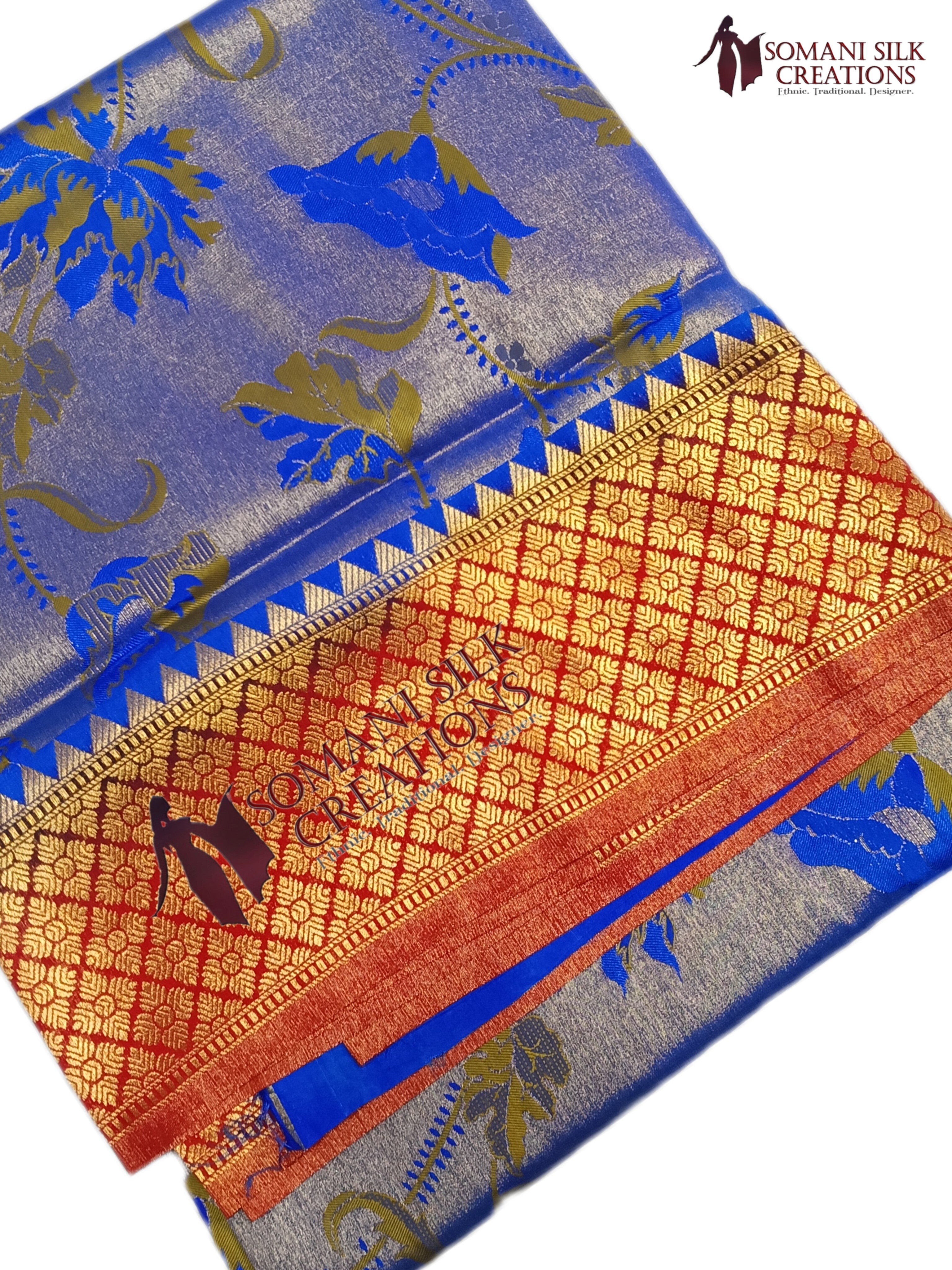 Bangalore blue color silk jaal contrast border