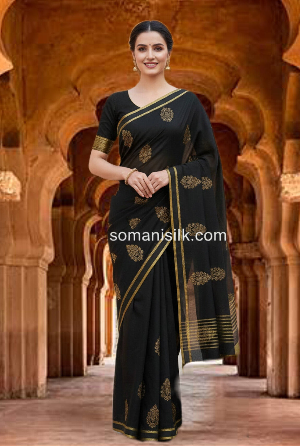 Black Colour Pure Chinon Embroidery Calcutta Saree