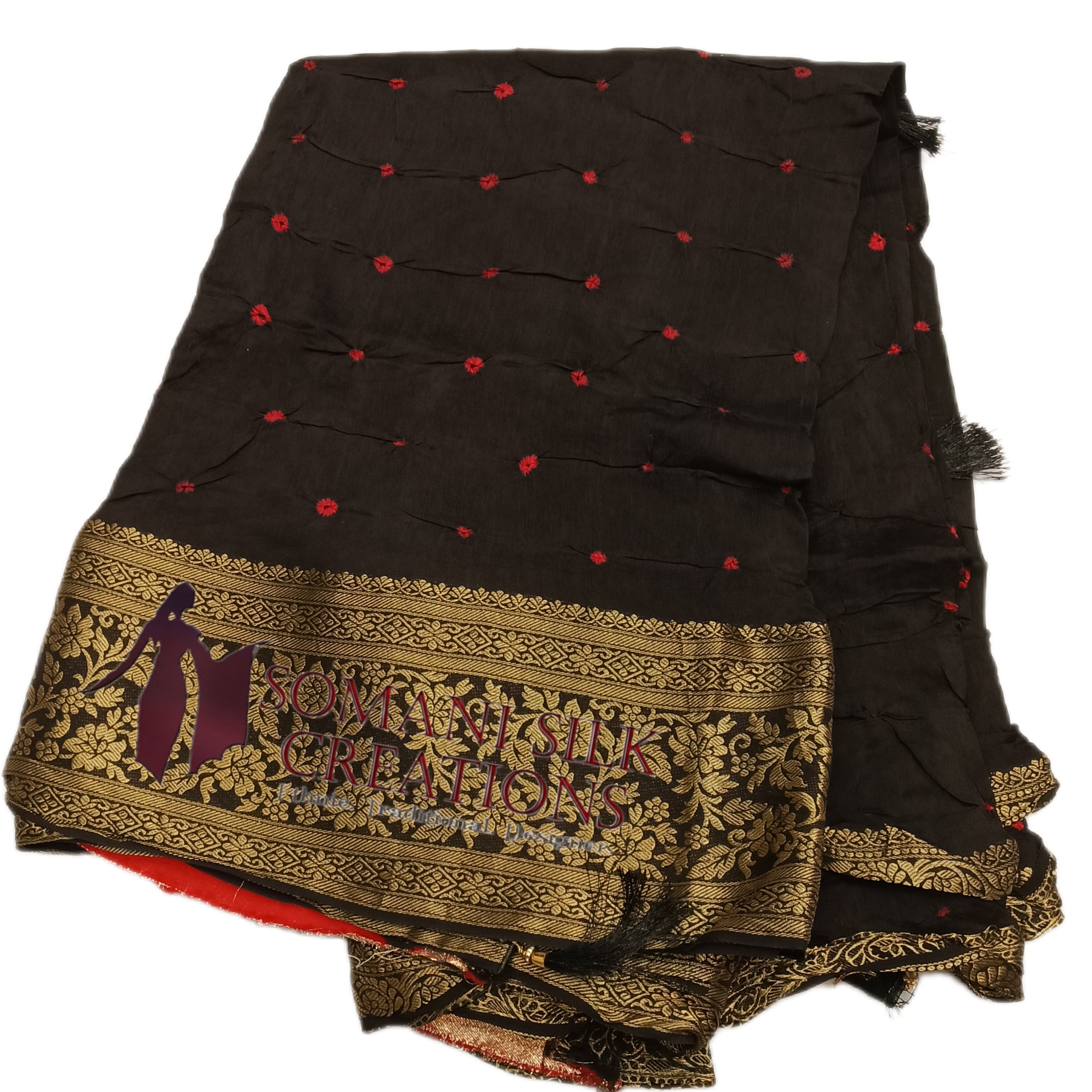 Black Red Bhandhani Zari Border Saree