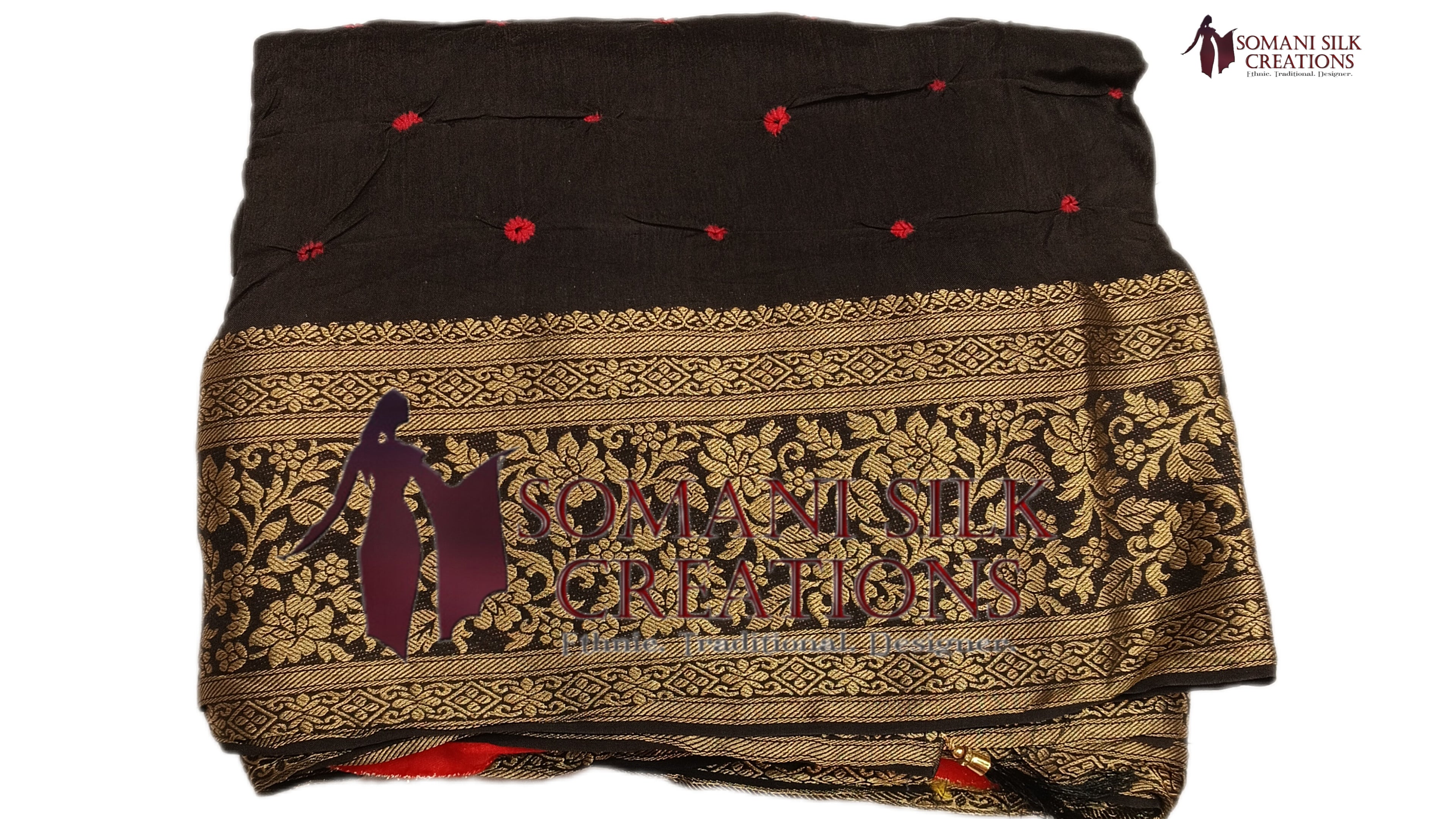 Black Red Bhandhani Zari Border Saree