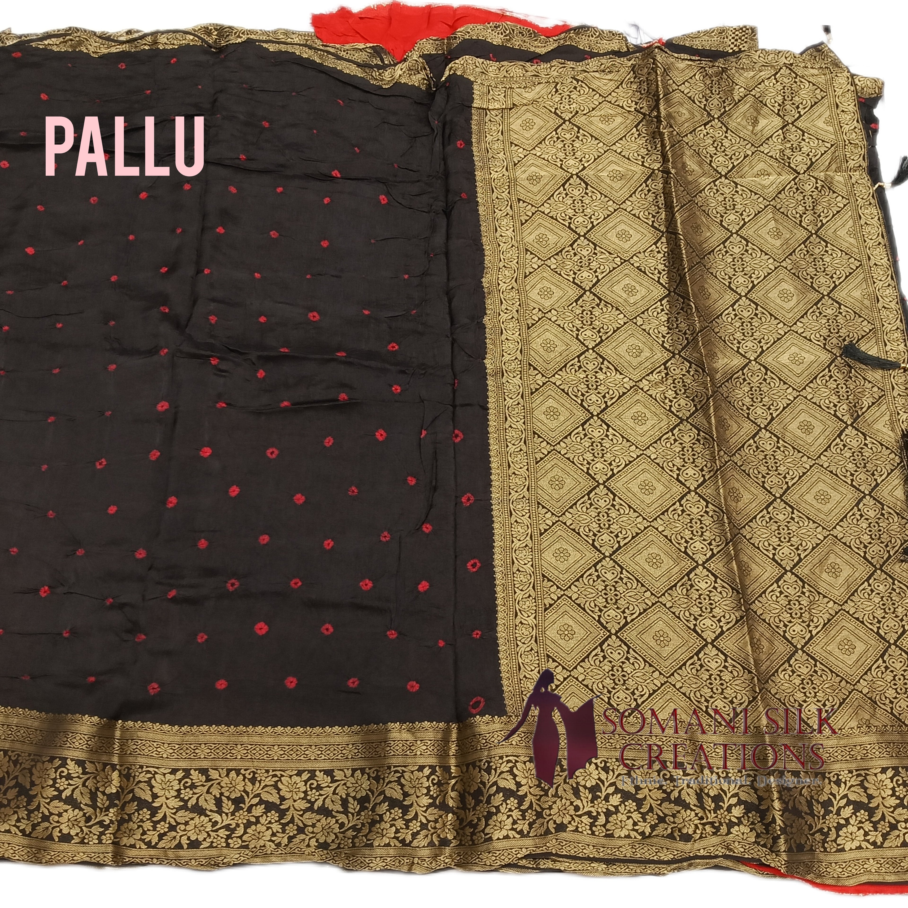 Black Red Bhandhani Zari Border Saree