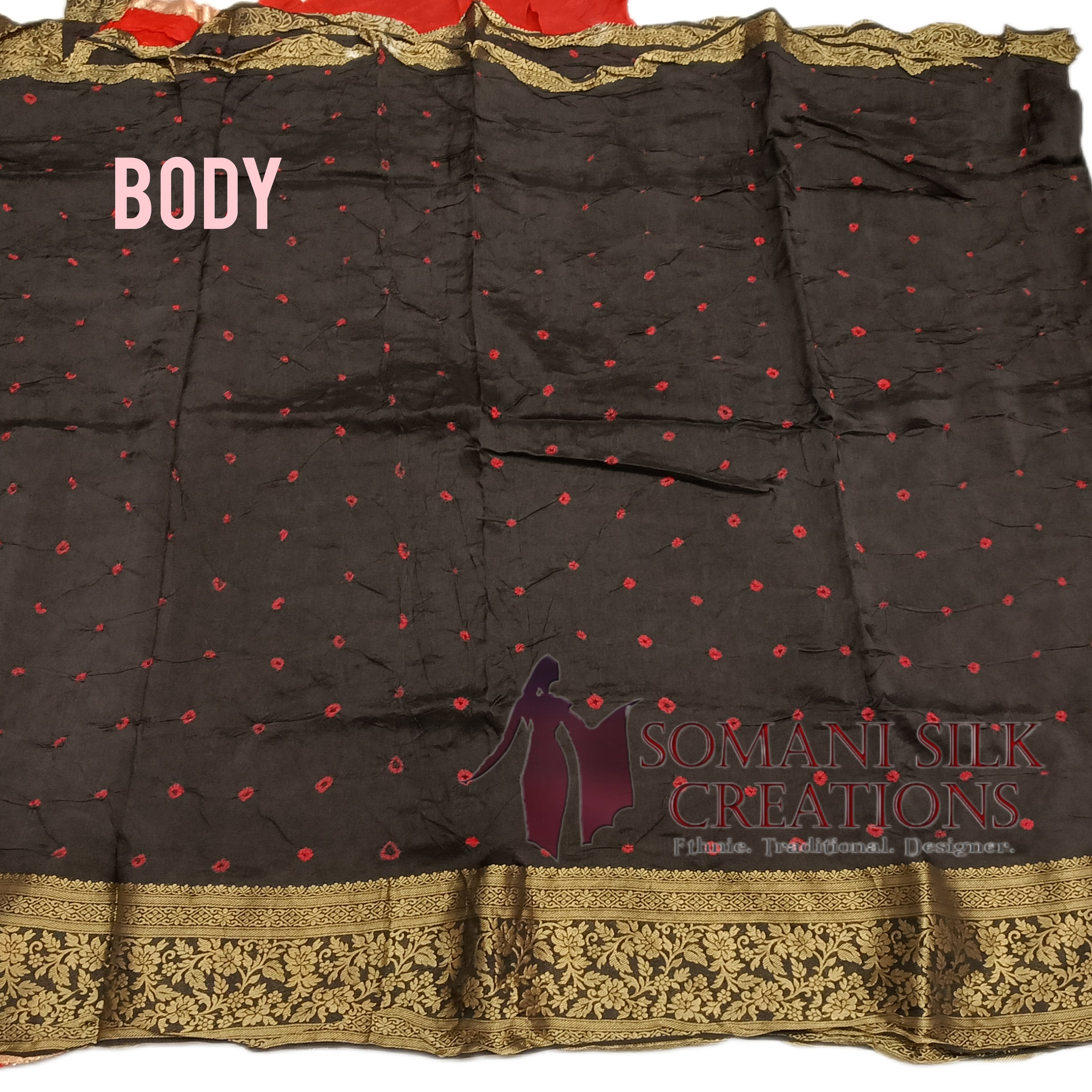 Black Red Bhandhani Zari Border Saree