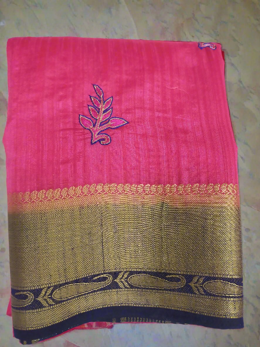 Thread work silk saree linen with floral buti