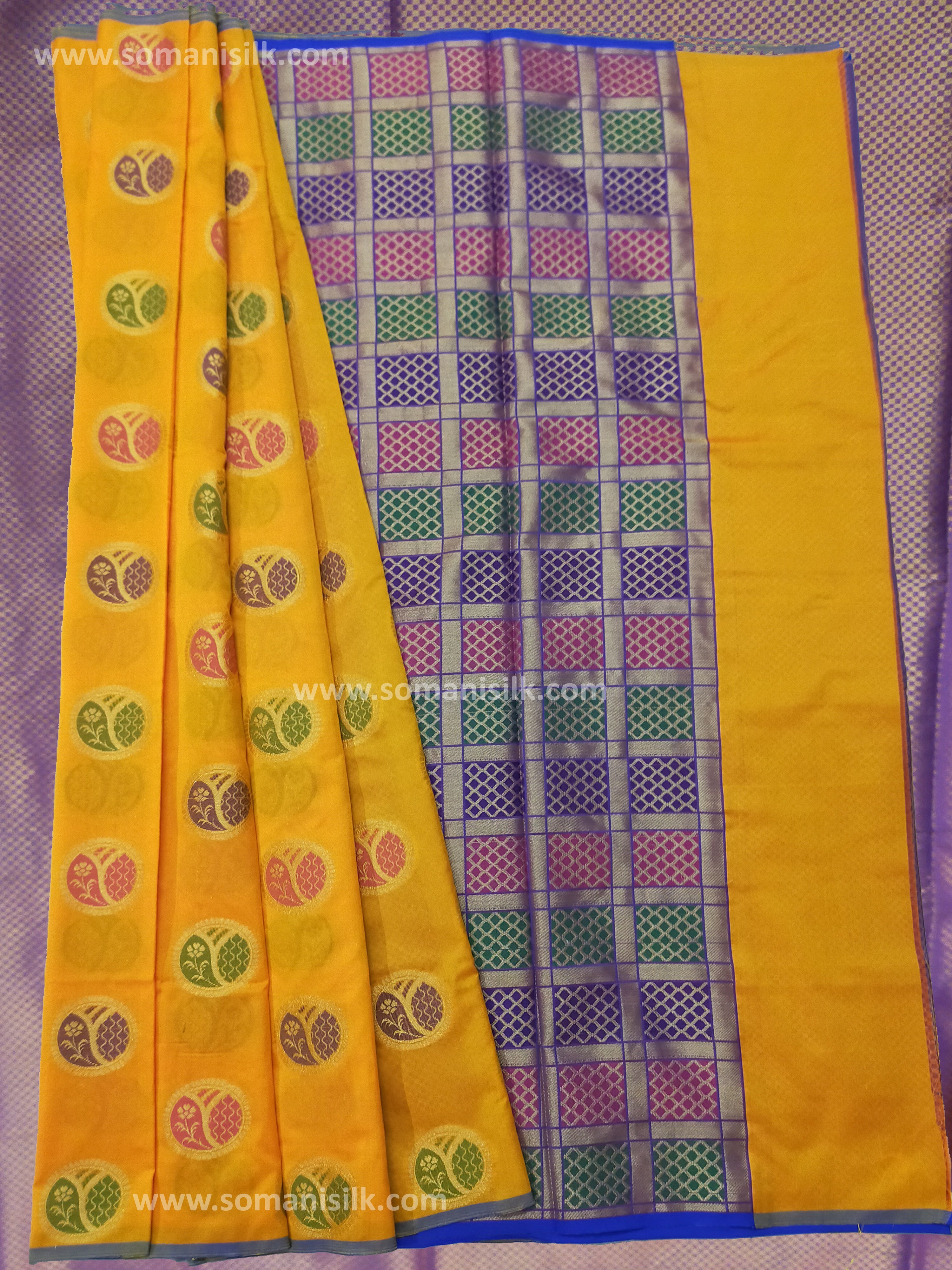 Yellow Banarsi Borderless saree with Tilfi Buti