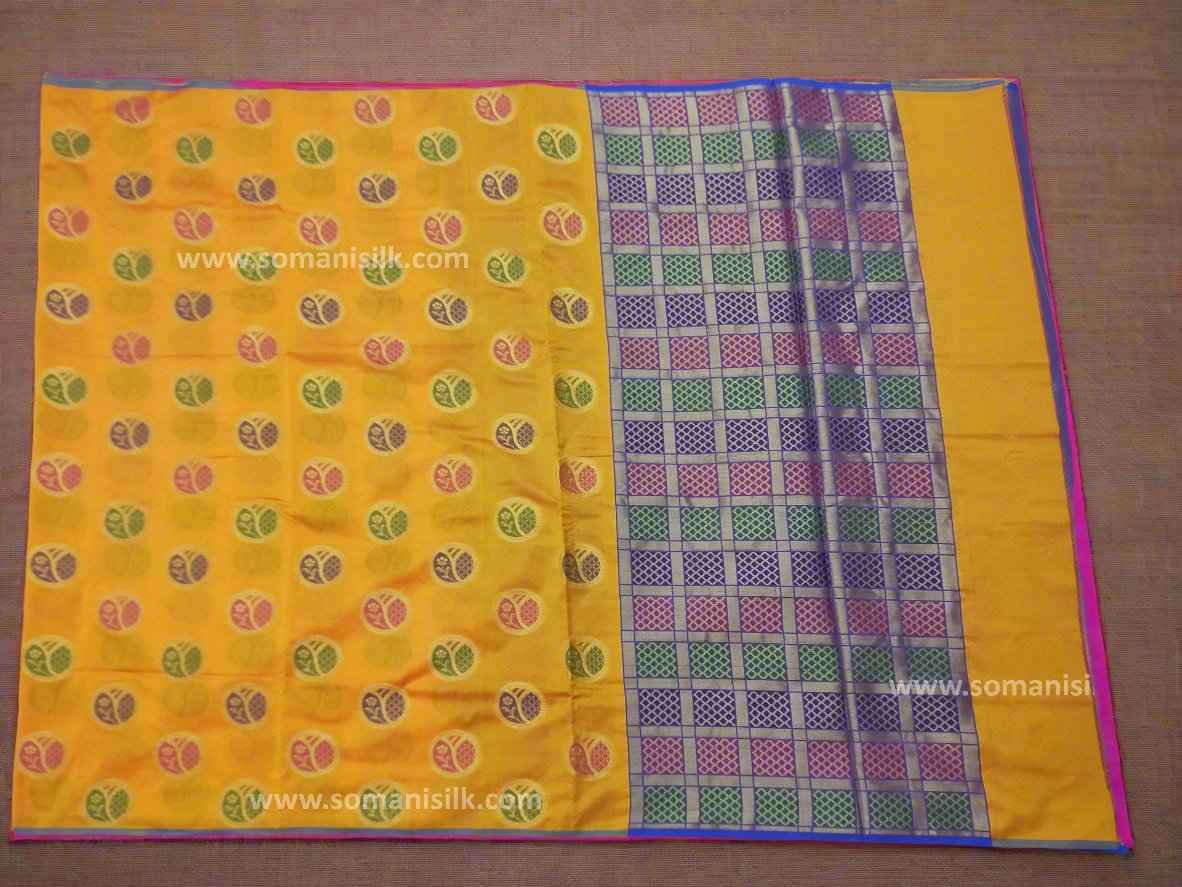 Yellow Banarsi Borderless saree with Tilfi Buti