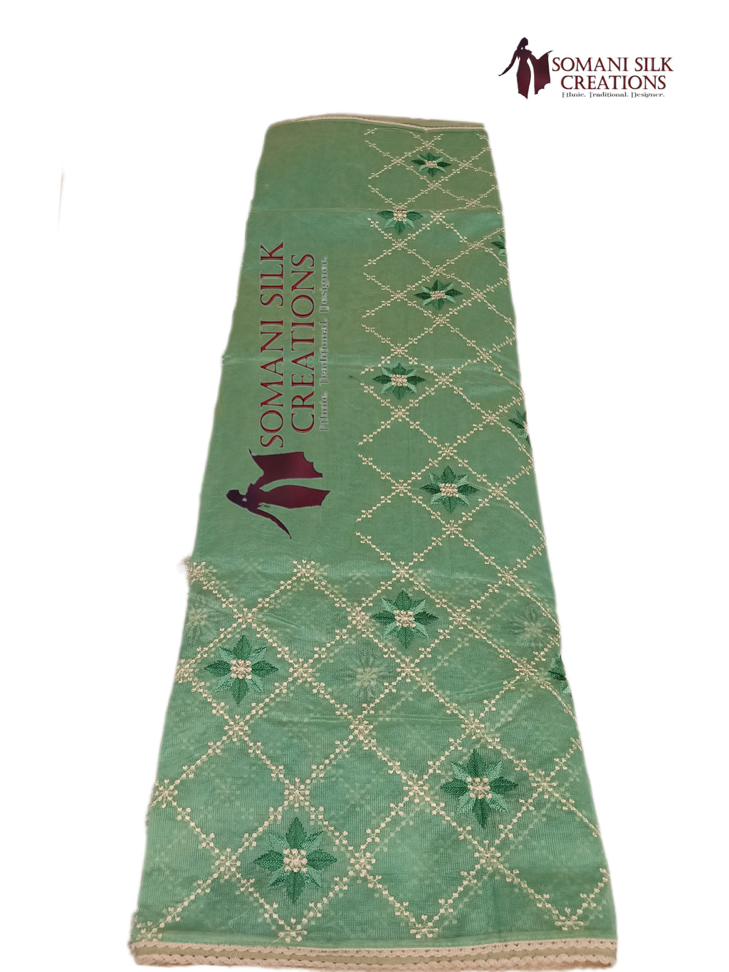 C Green Supernet Jaal Design Embroidery Saree