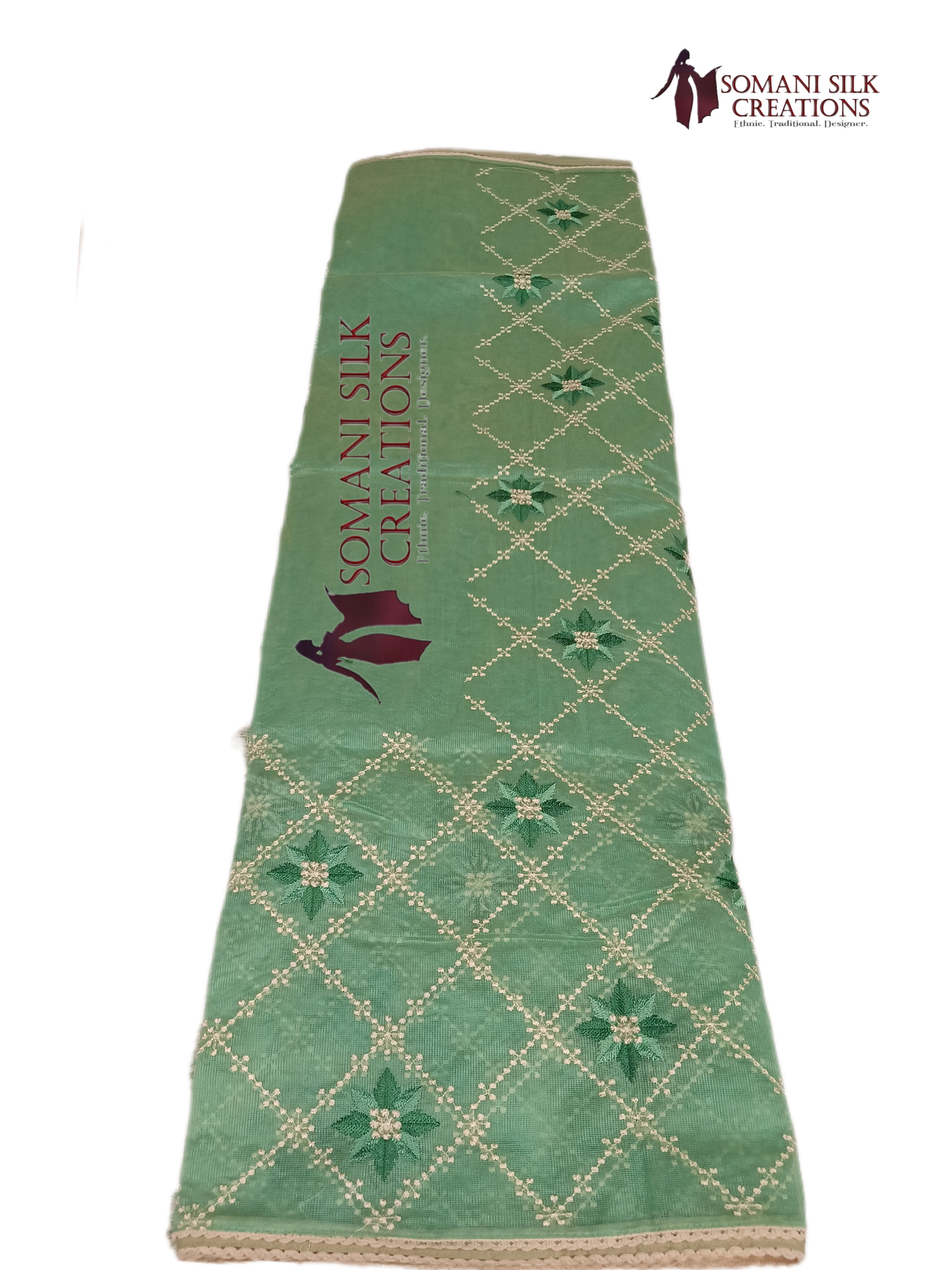 C Green Supernet Jaal Design Embroidery Saree