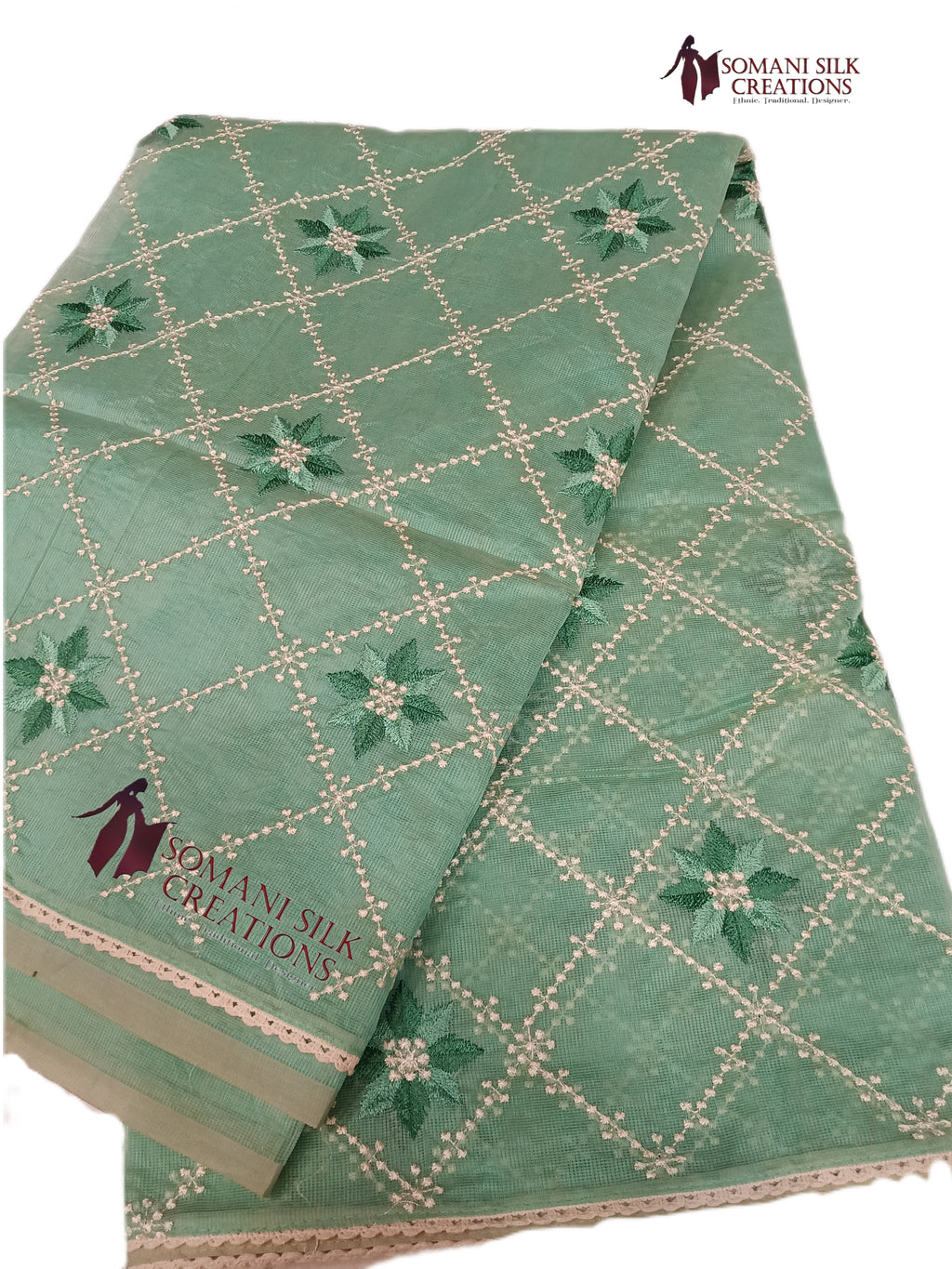 C Green Supernet Jaal Design Embroidery Saree