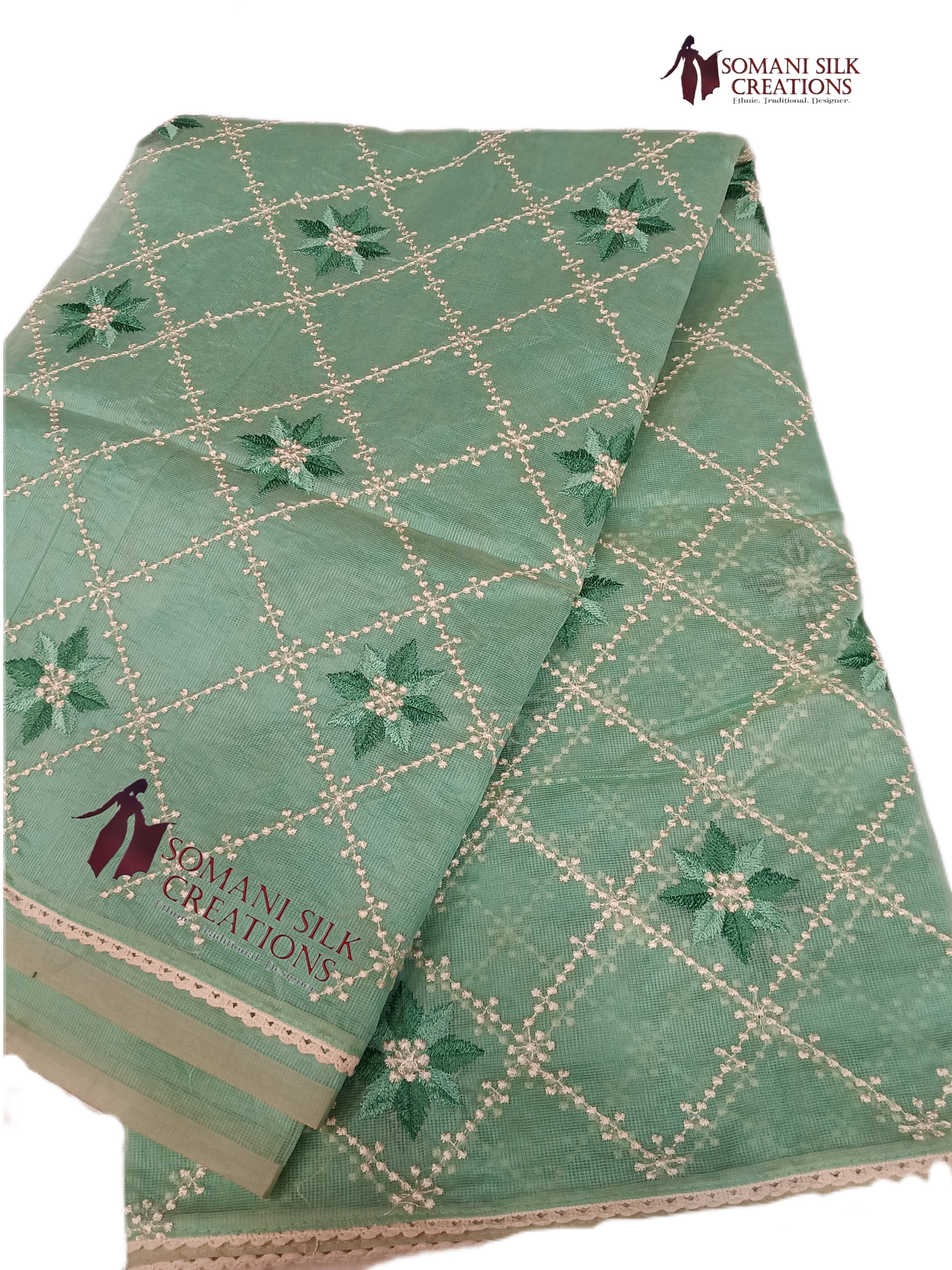 C Green Supernet Jaal Design Embroidery Saree