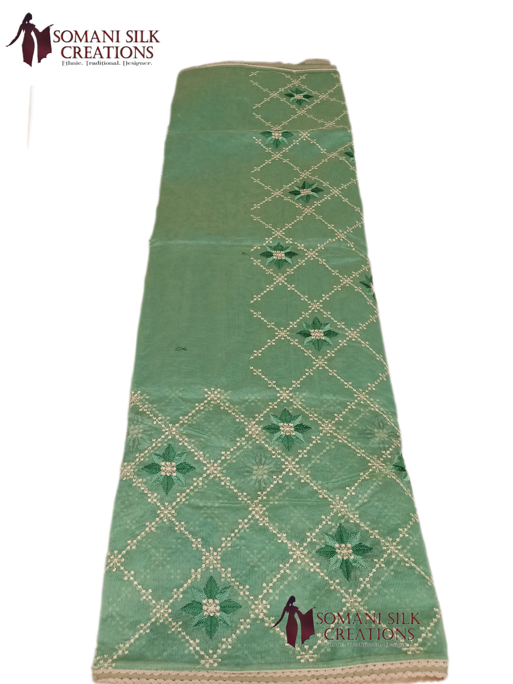 C Green Supernet Jaal Design Embroidery Saree