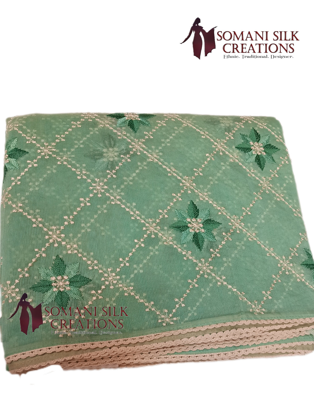 C Green Supernet Jaal Design Embroidery Saree