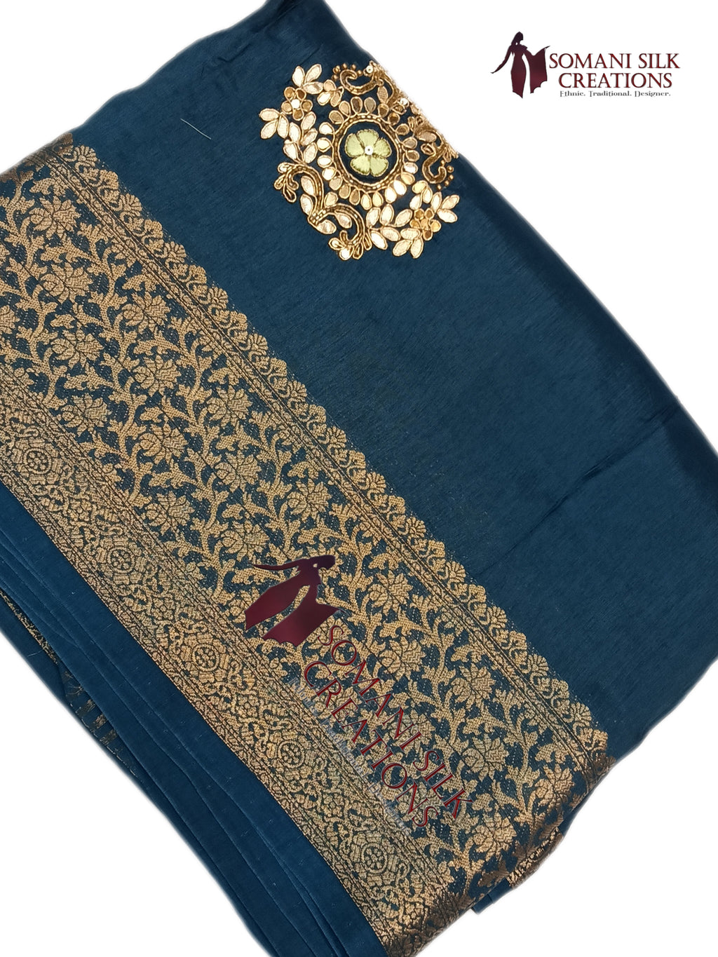 Peacock / Teel Blue saree with calcutta embroidery and contrast heavy work blouse