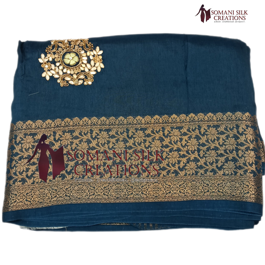 Peacock saree with calcutta embroidery and contrast heavy work blouse