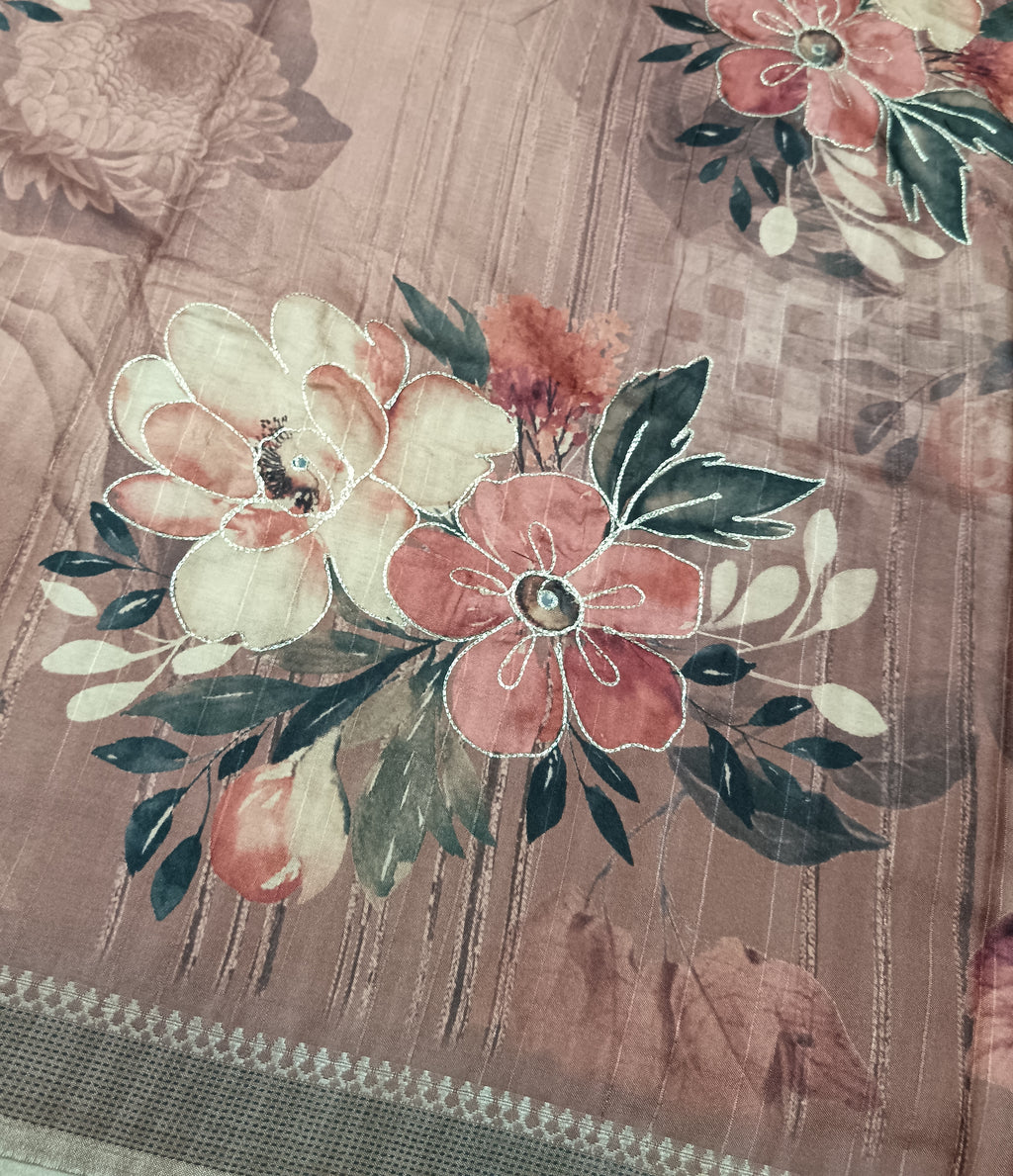 Floral digital print saree with embroidery, online digital print saree