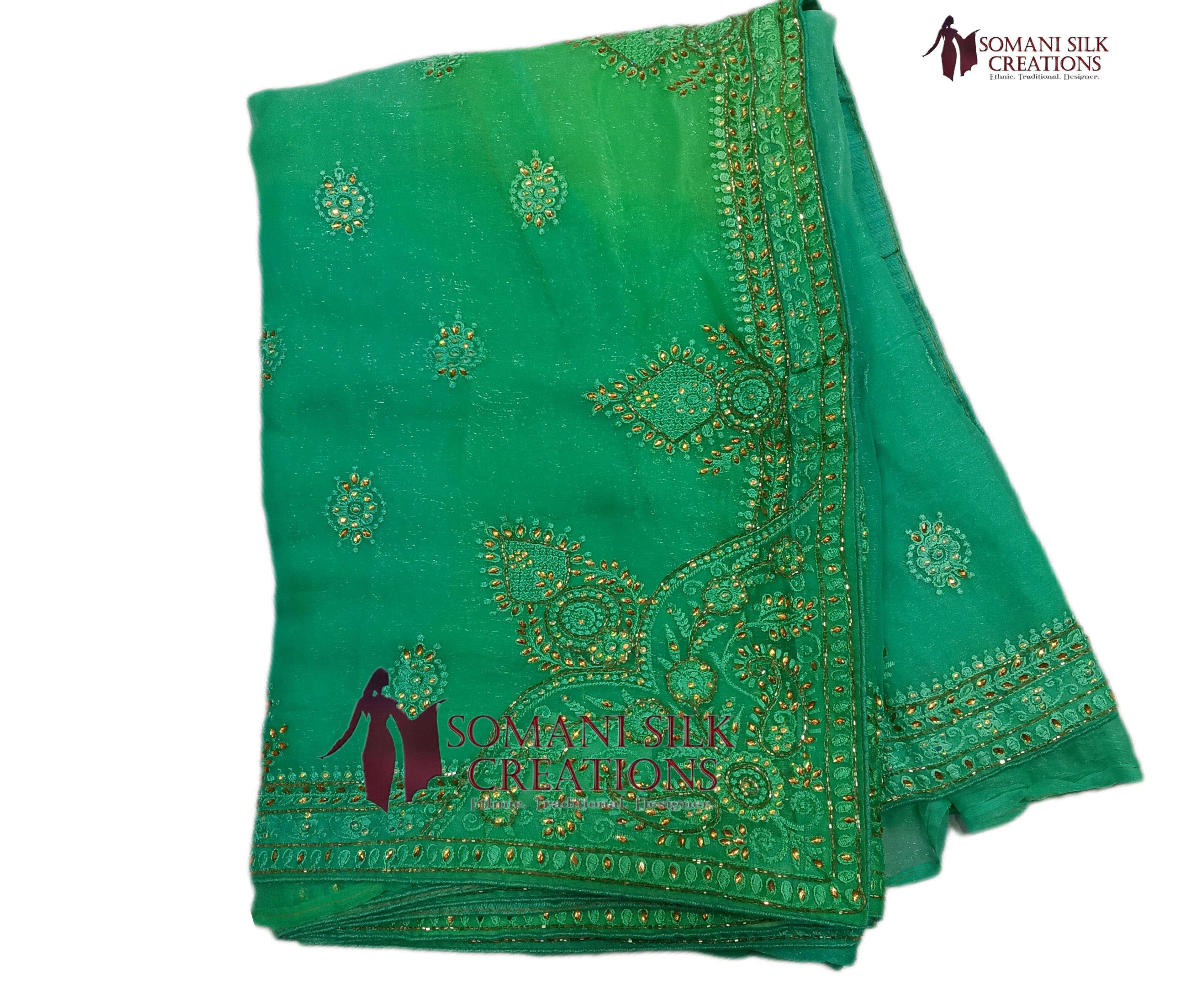 Light green simmer fabric double dye tie and dye saree with calcutta embroidery for wedding collection