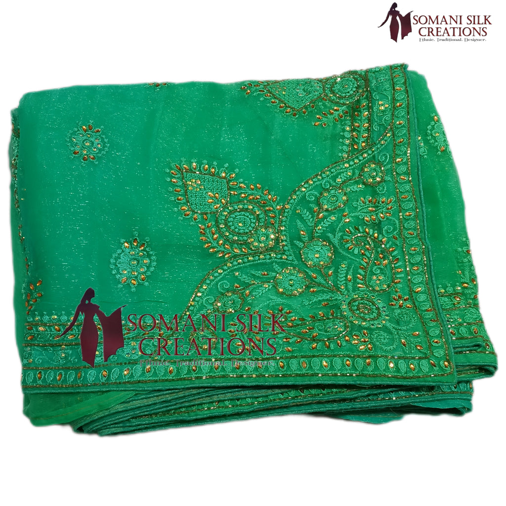 Light green simmer fabric double dye tie and dye saree with calcutta embroidery for wedding collection