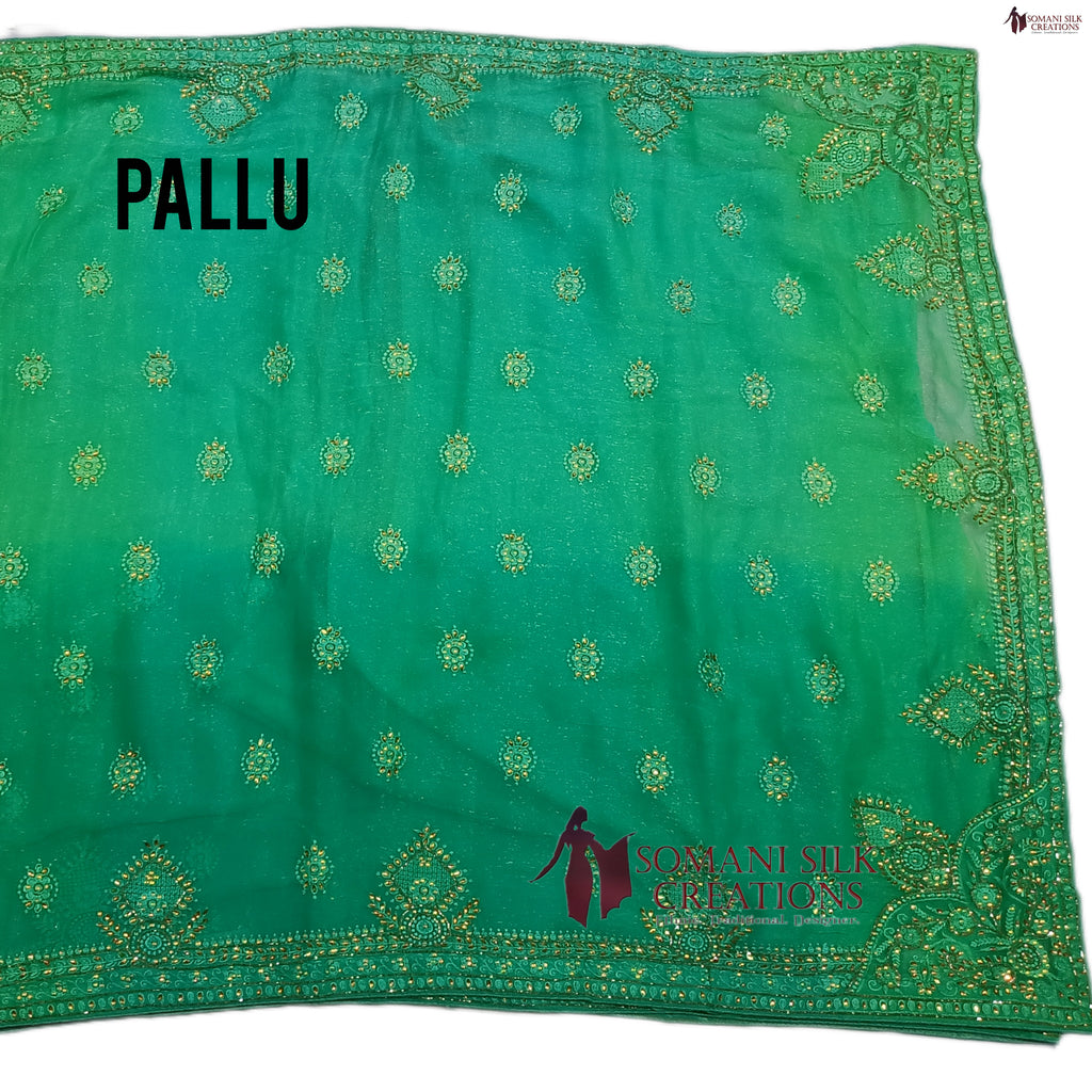 Light green simmer fabric double dye tie and dye saree with calcutta embroidery for wedding collection