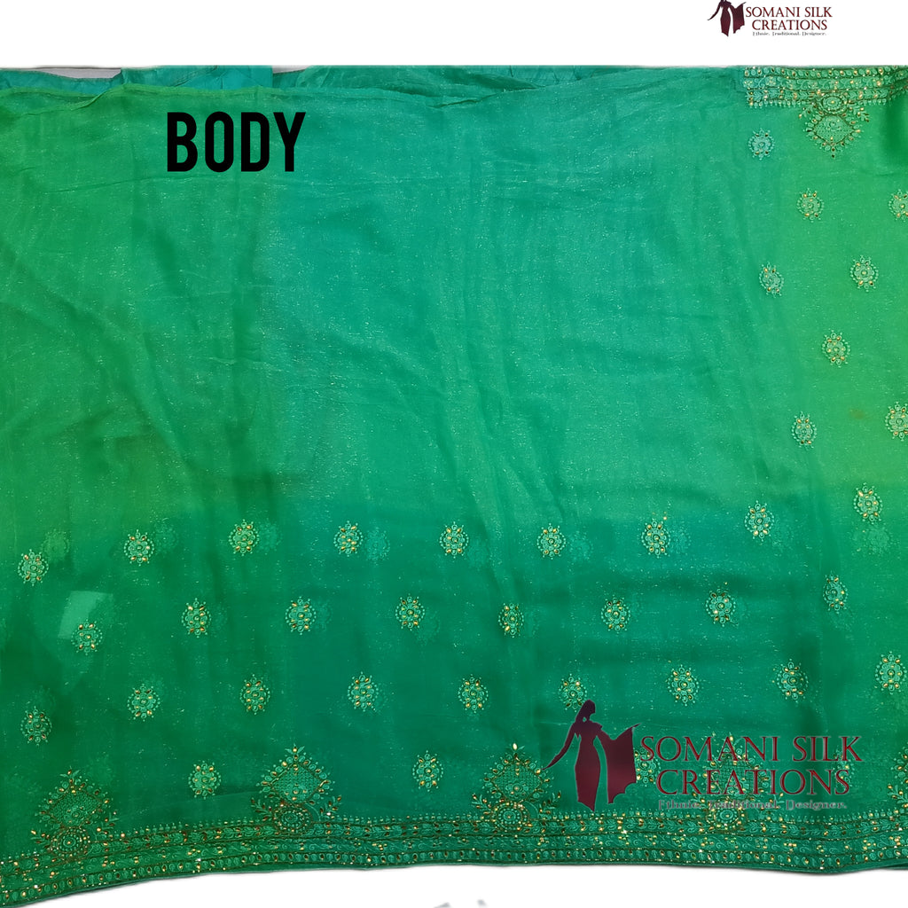 Light green simmer fabric double dye tie and dye saree with calcutta embroidery for wedding collection