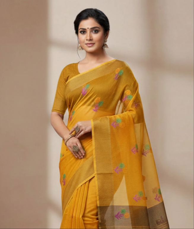 Self Weaving Handloom Supernet Rust Saree