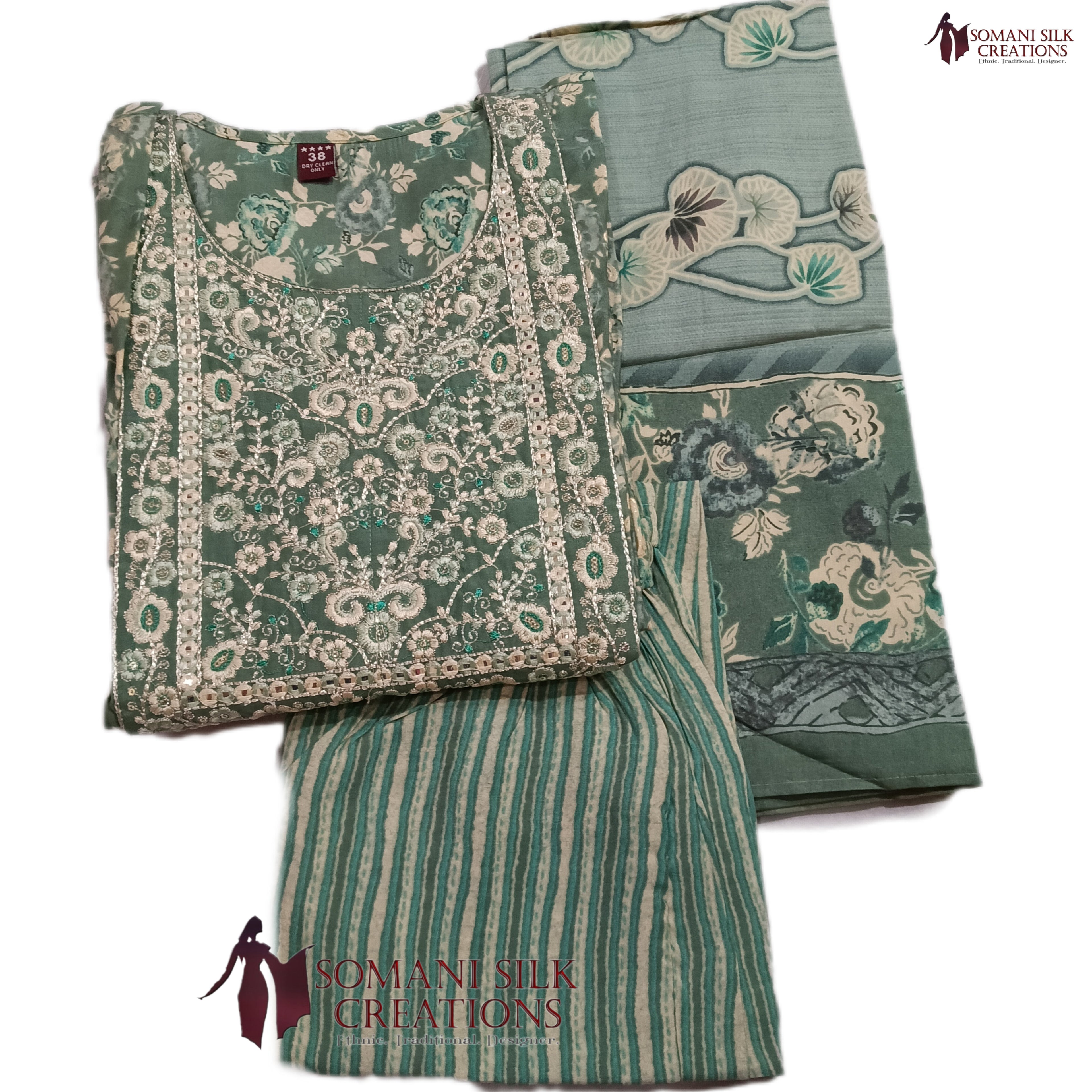 Side Slit Sea Green Colour D-Muslin 3 Piece Suit