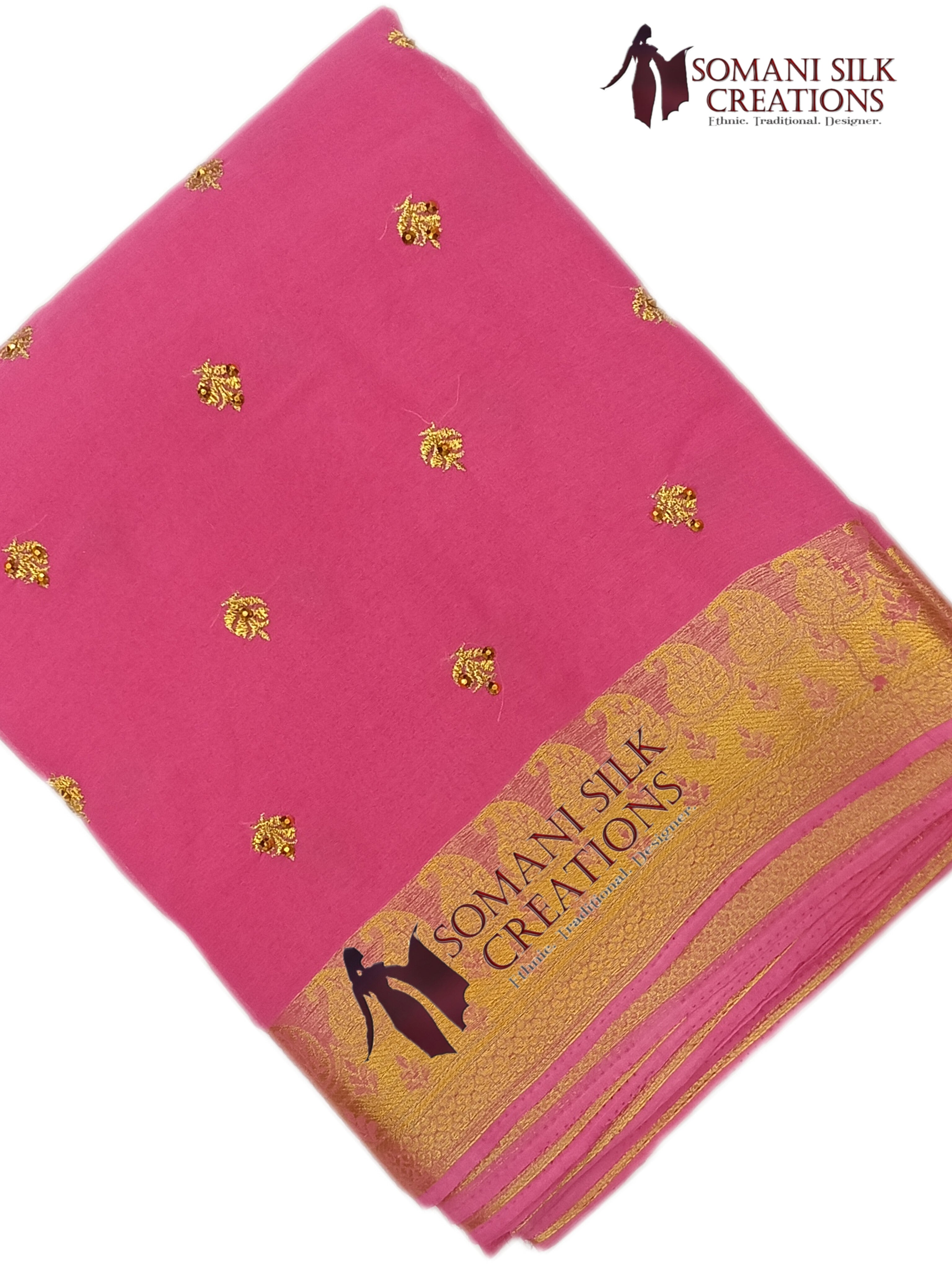 Pink schiffon saree with embroidery and golden zari border