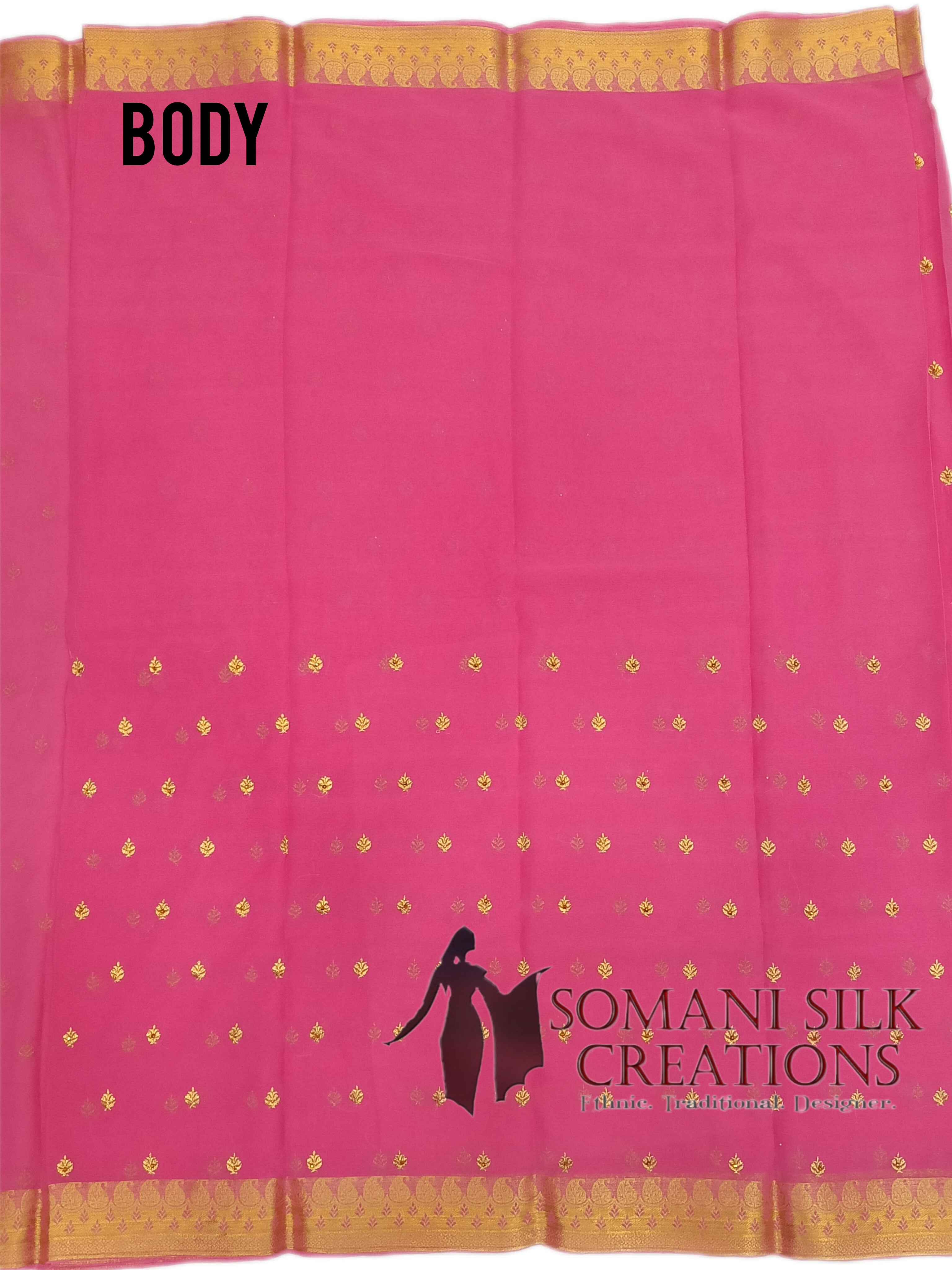 Pink schiffon saree with embroidery and golden zari border