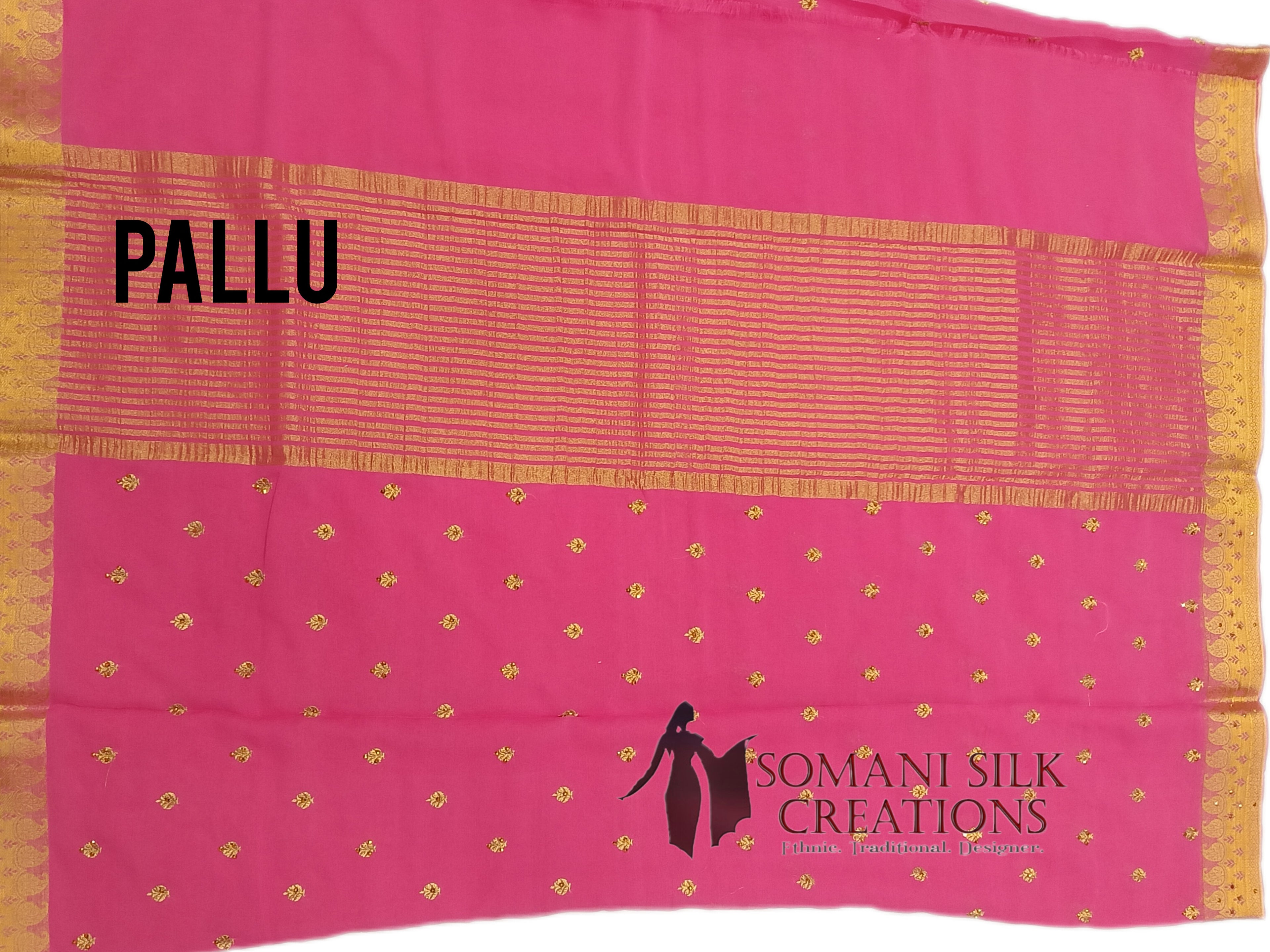 Pink schiffon saree with embroidery and golden zari border