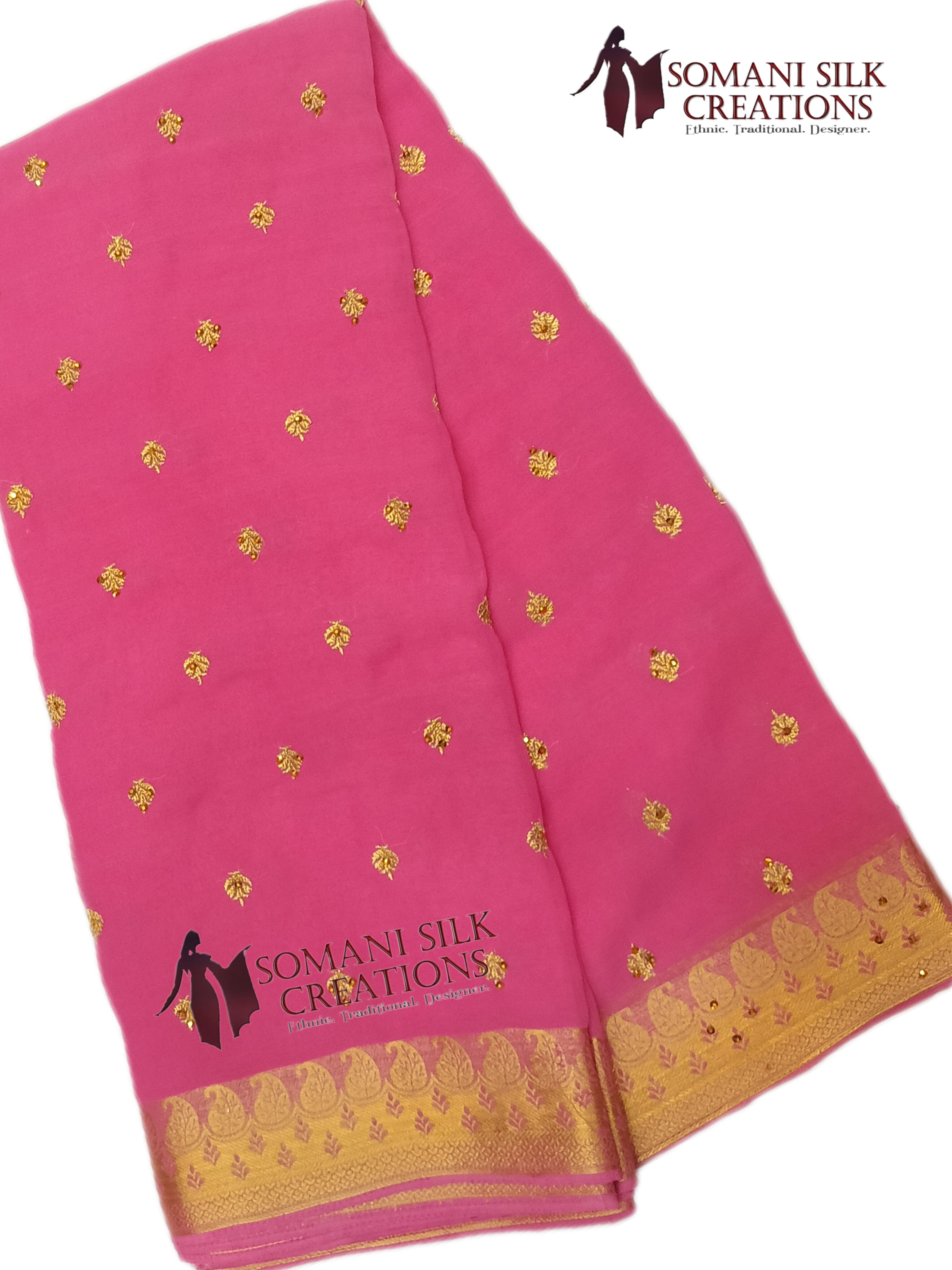 Pink schiffon saree with embroidery and golden zari border