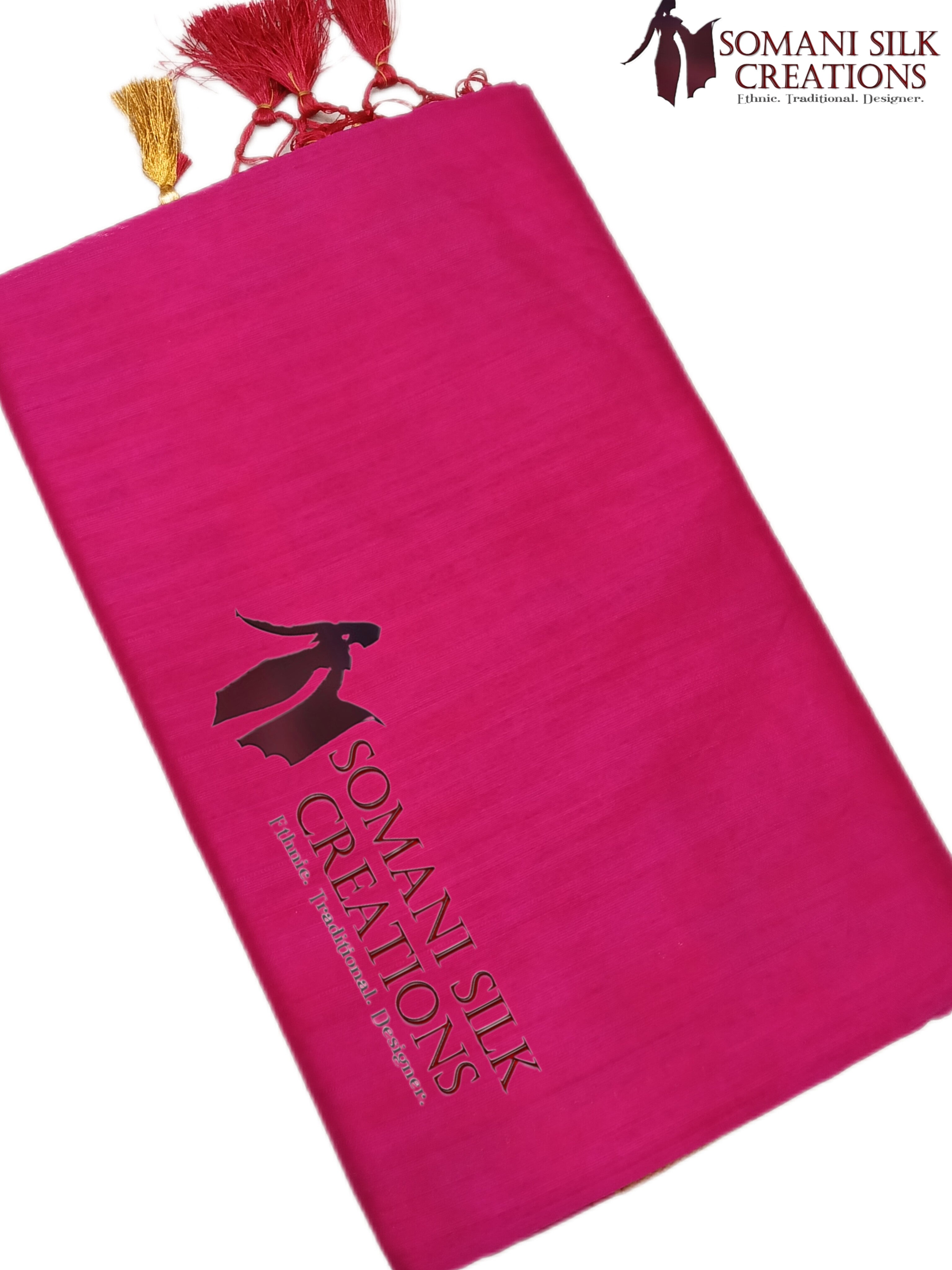 Plain Pink Silk Saree with Golden Border with jhallar on pallu