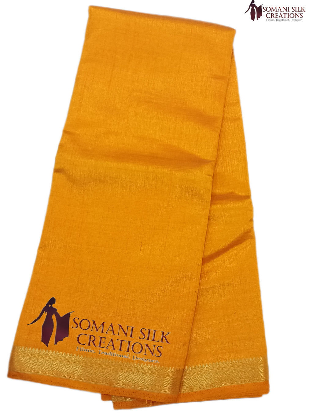 Plain art silk 1 inch zari border mustard yellow color saree
