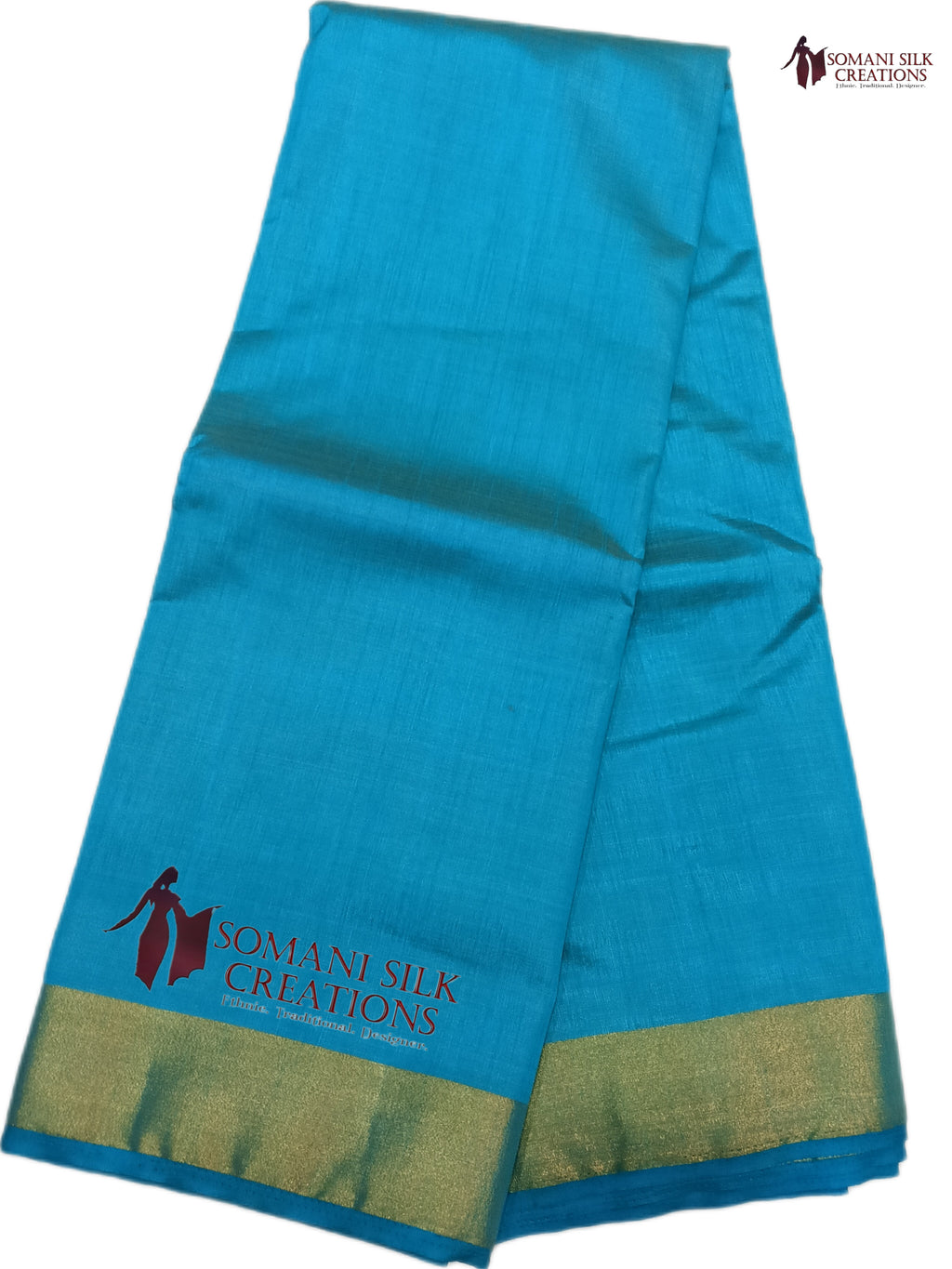 Plain art silk zari border blue color saree with chit pallu