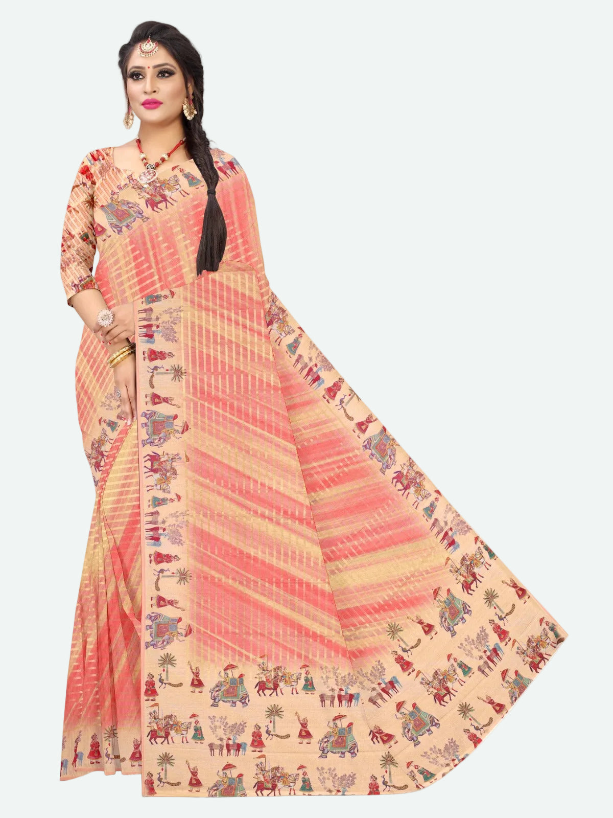 Printed Art Silk Cotton Feel Zari Line Saree, Sarees Online, Printed Saree in Gwalior