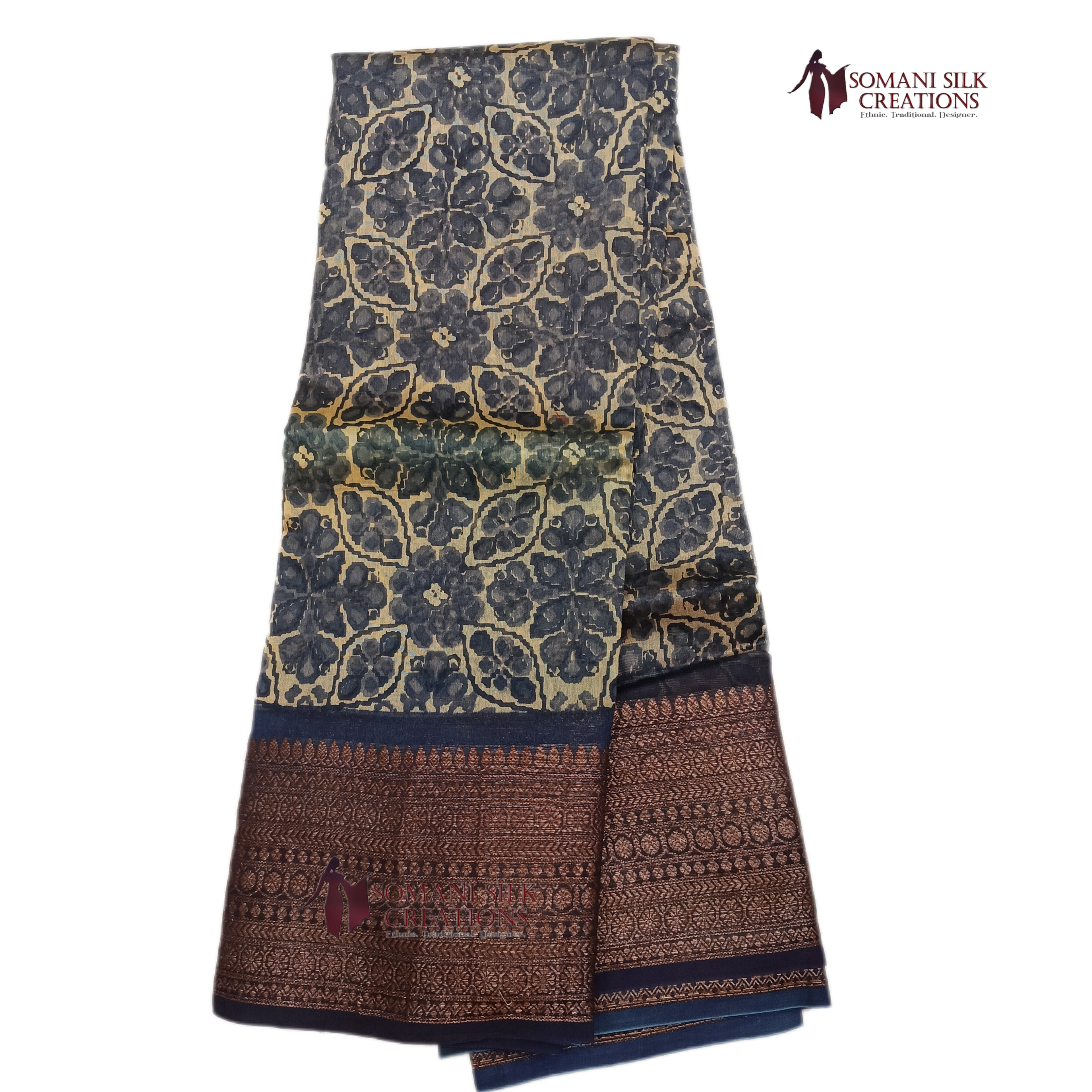 Printed chanderi cotton with antique zari border pallu