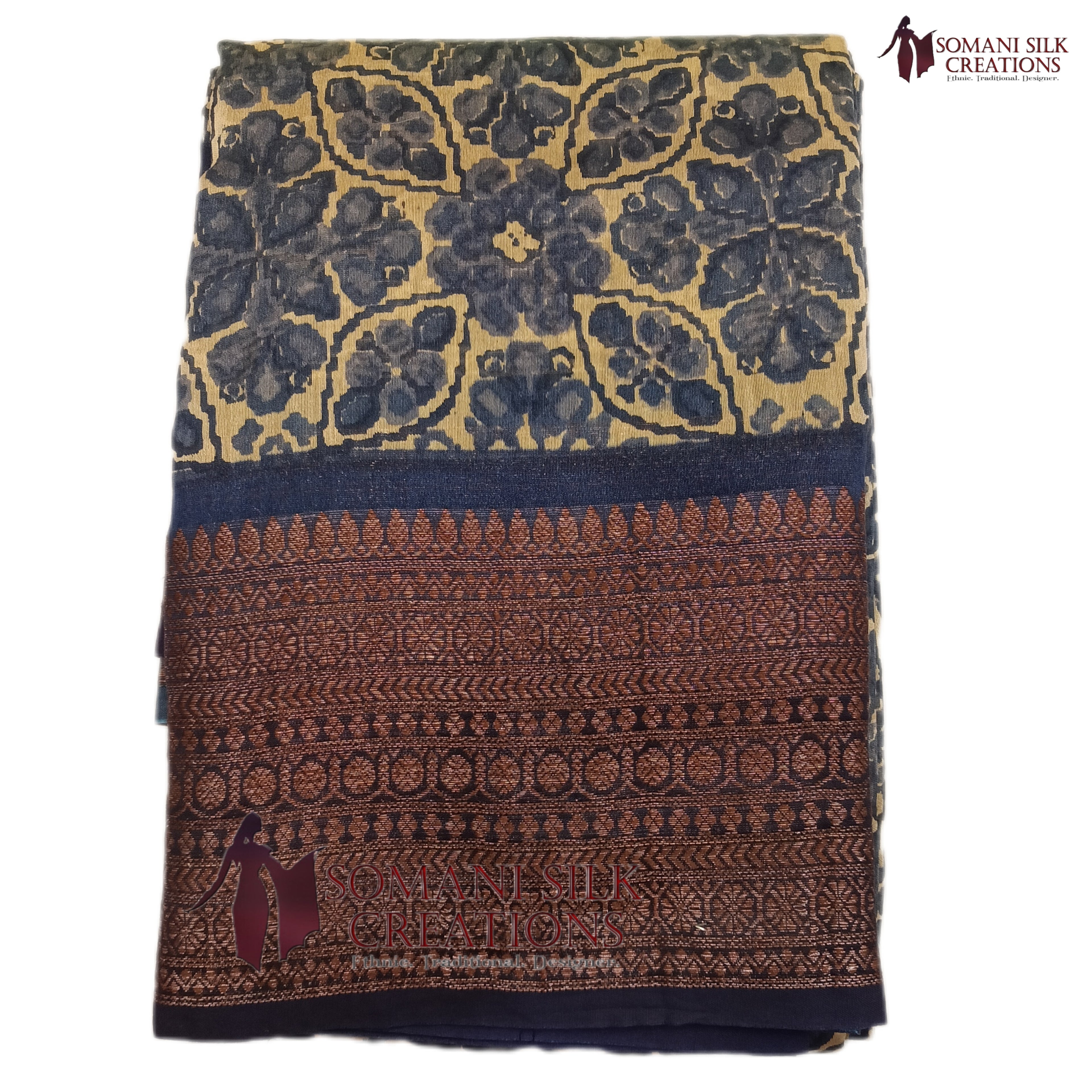 Printed chanderi cotton with antique zari border pallu