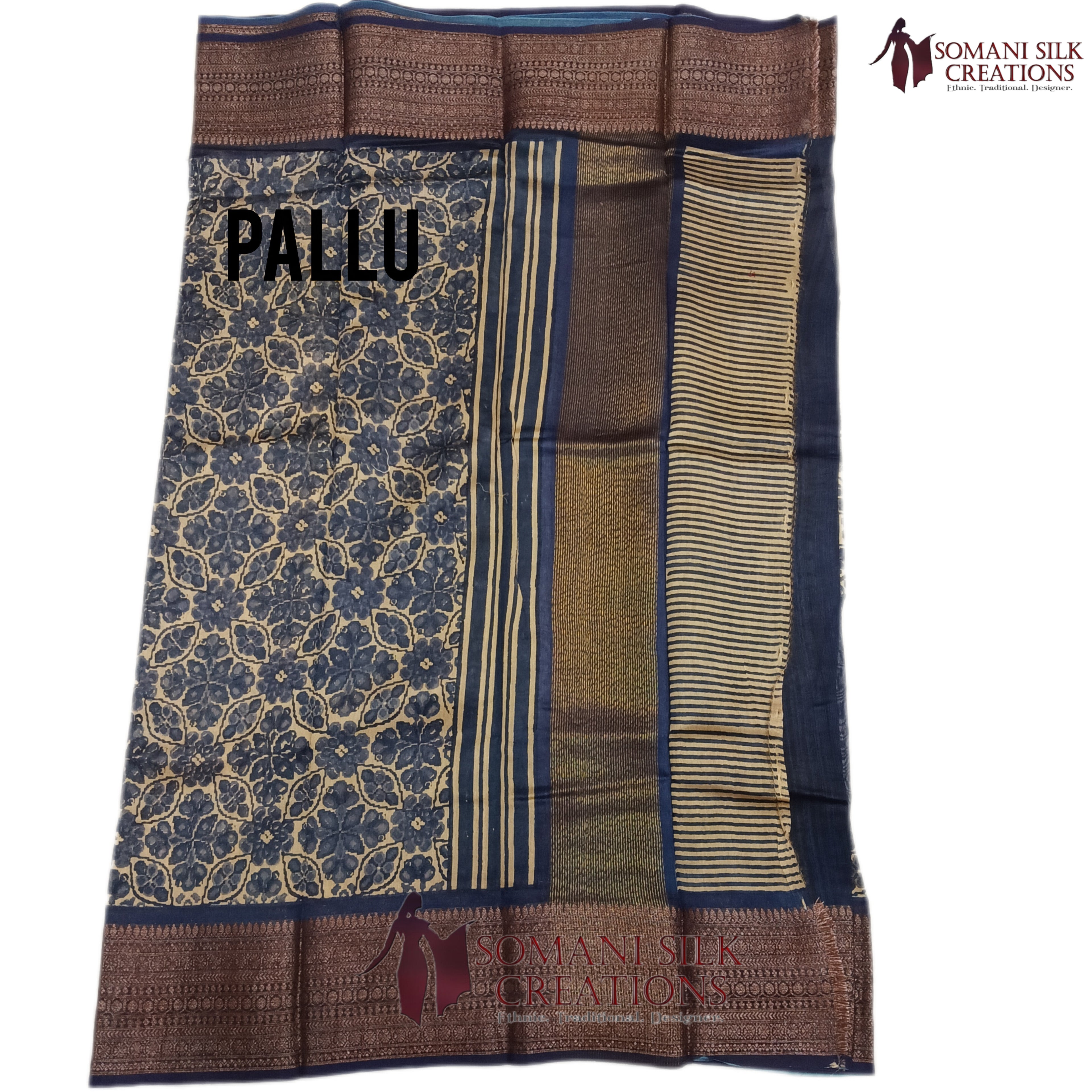Printed chanderi cotton with antique zari border pallu