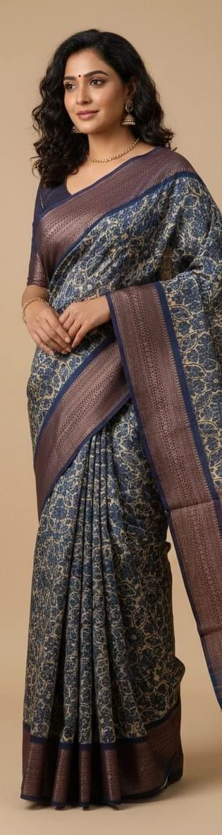 Printed chanderi cotton with antique zari border pallu