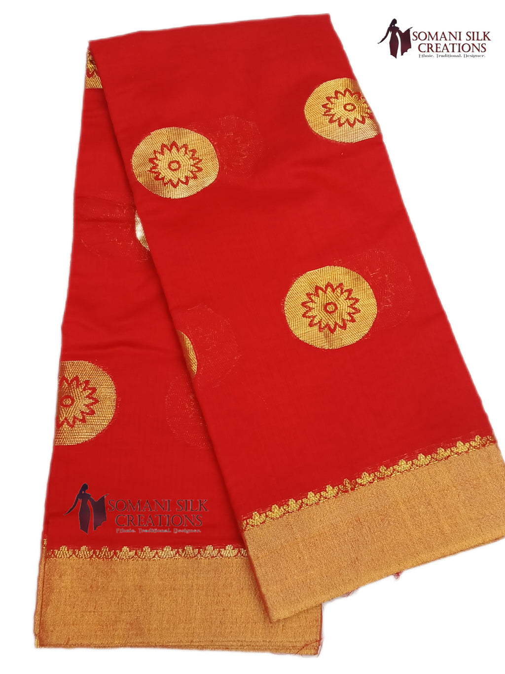 Red Chanderi Gol Buti Saree with plain border   