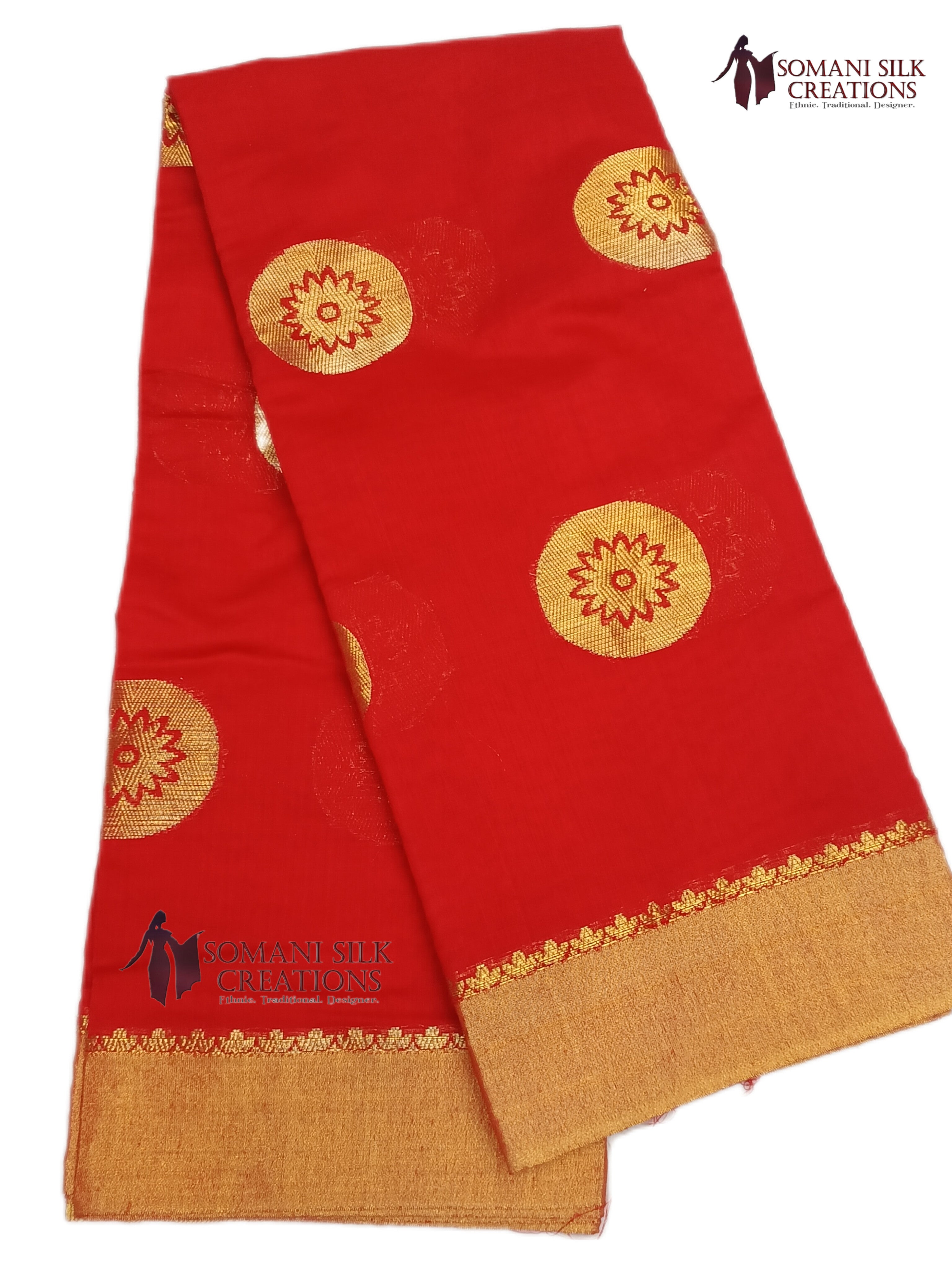 Red Chanderi Gol Buti Saree with plain border   