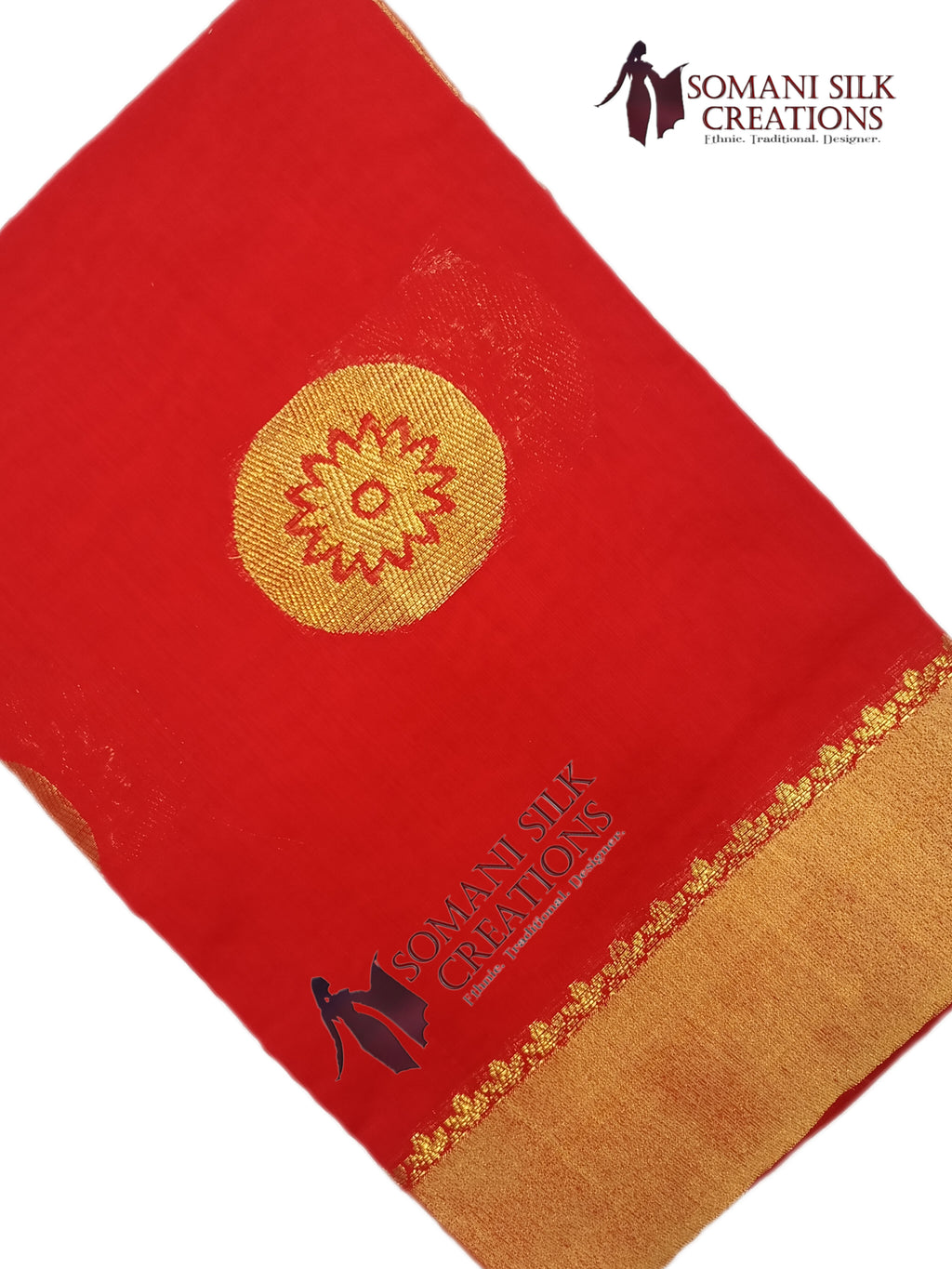 Red Chanderi with Gol Buti Saree with plain border

