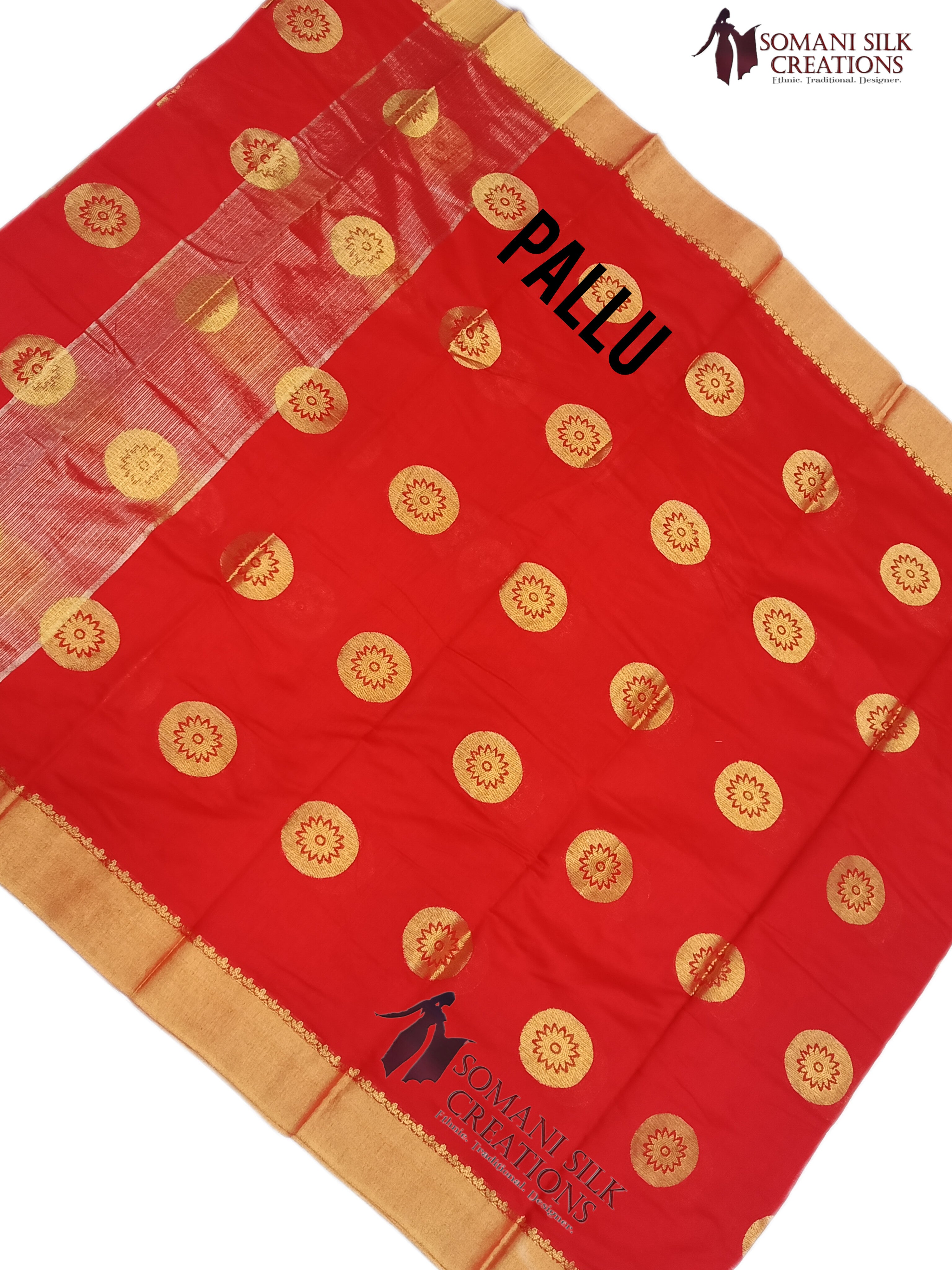 Red Chanderi with Gol Buti Saree with plain border