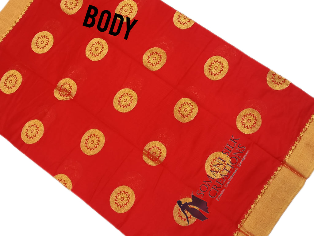 Red Chanderi with Gol Buti Saree with plain border