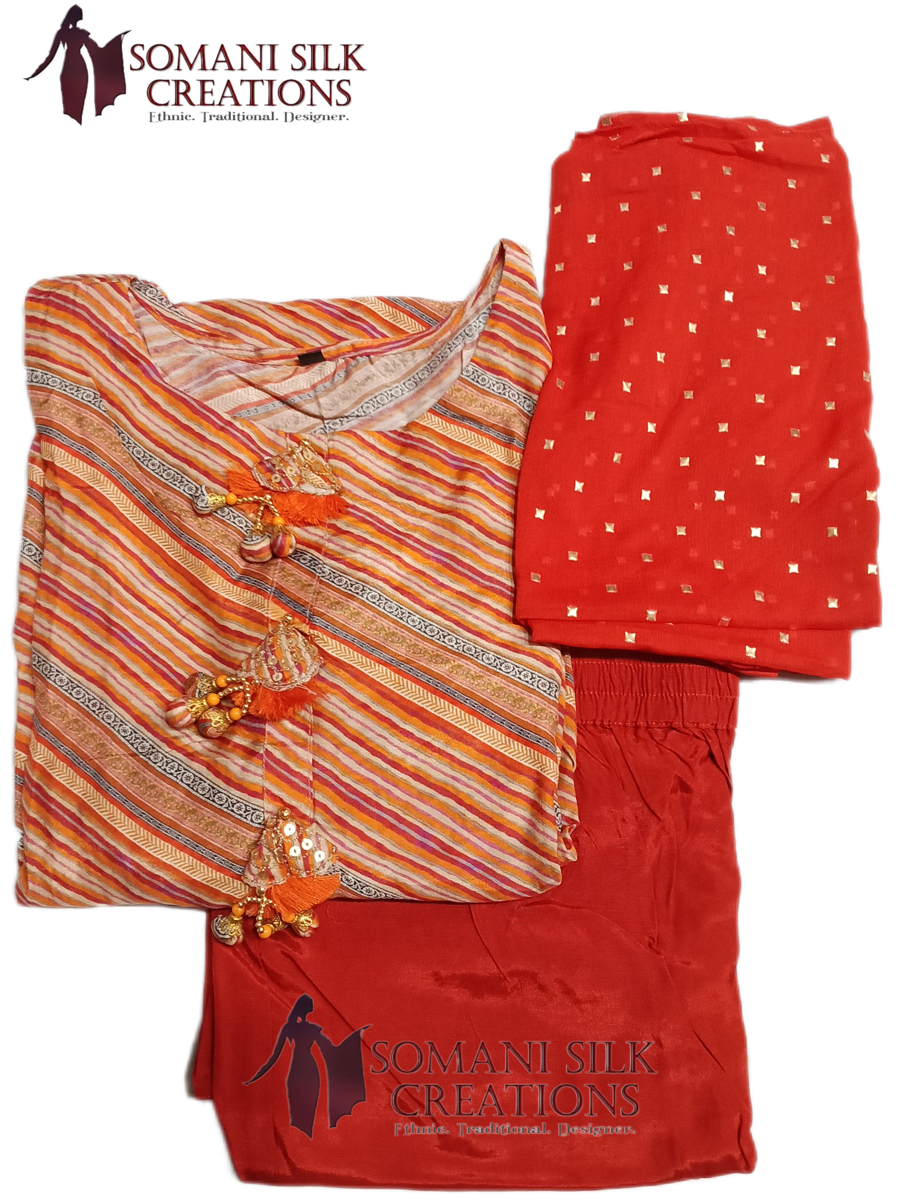 Rust Colour Lehariya 3 Piece Suit