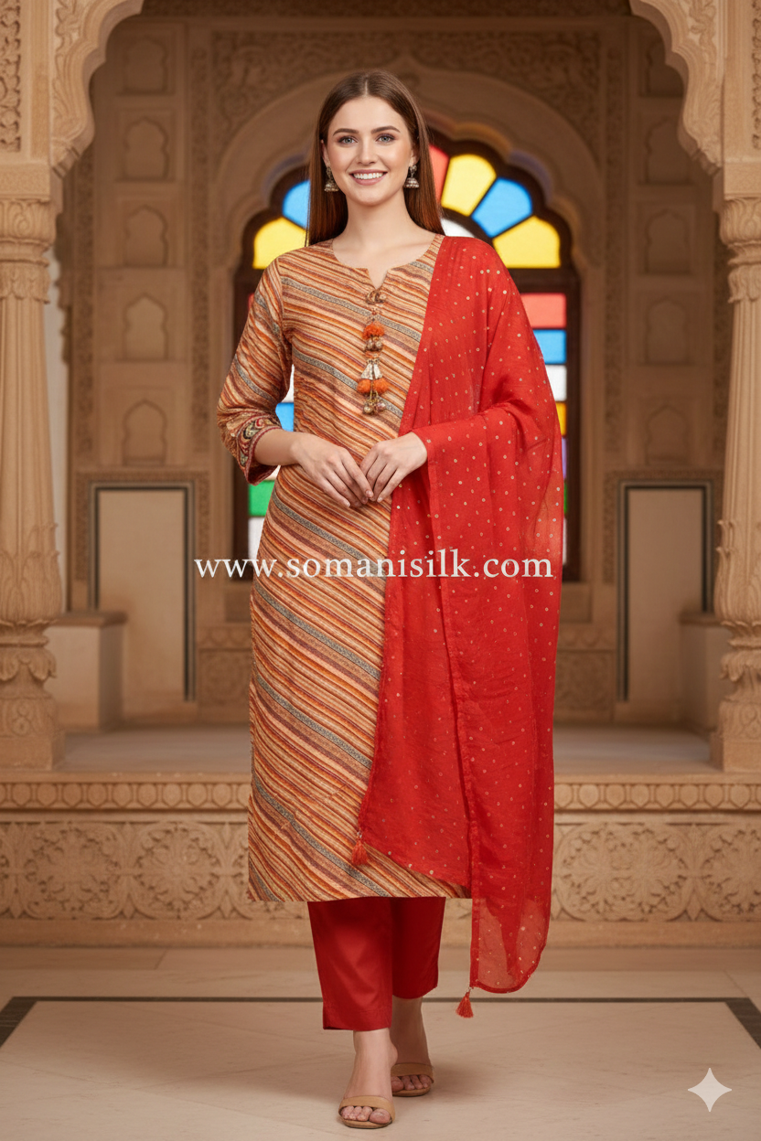 Rust Colour Lehariya 3 Piece Suit, Salwar suits in gwalior