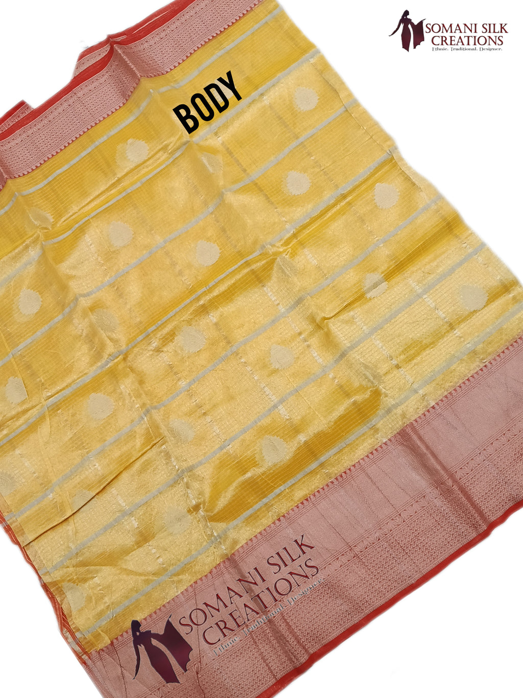 Yellow banarsi organza check saree with buti and red border